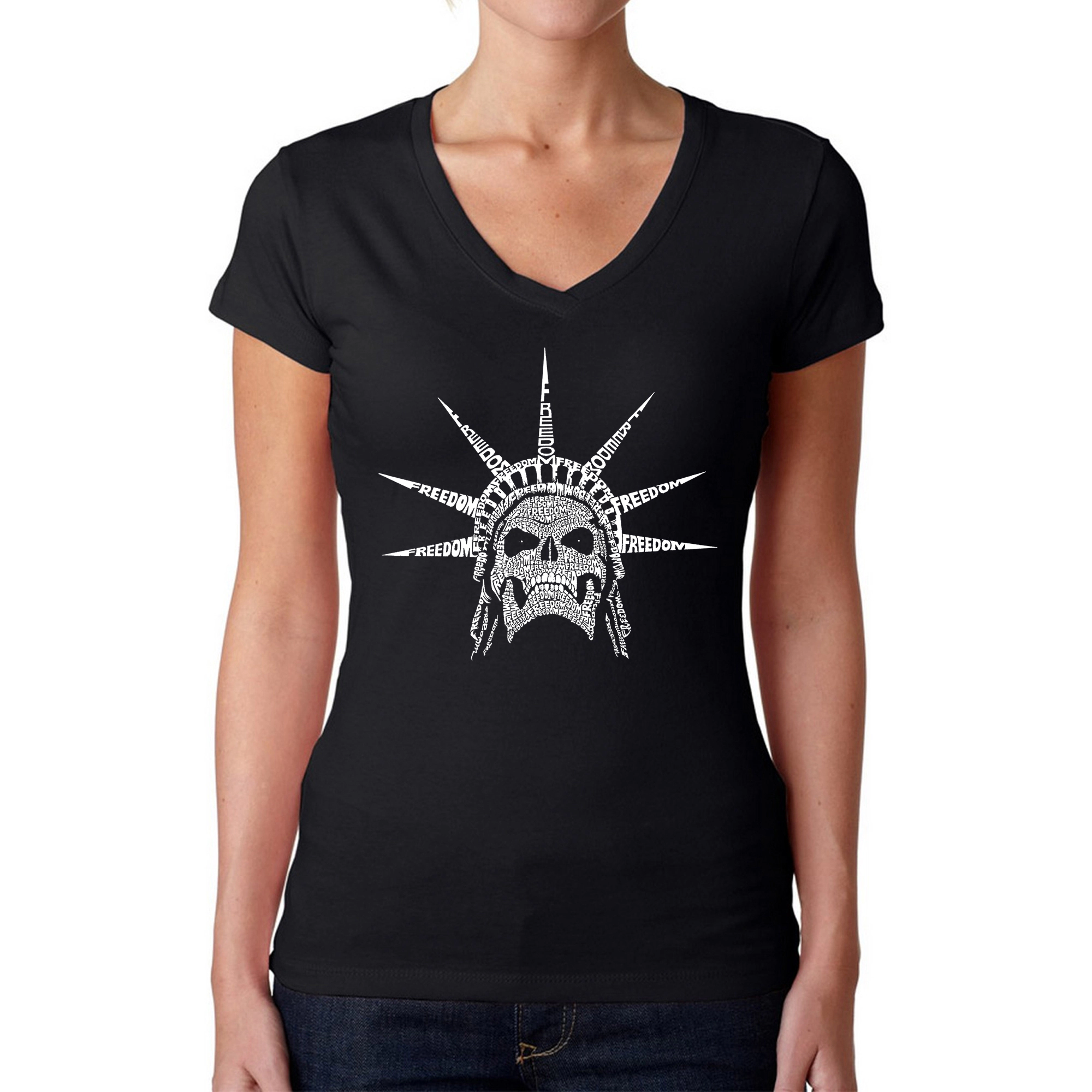 LA Pop Art Womens Word V-Neck T-Shirt - Freedom Skull