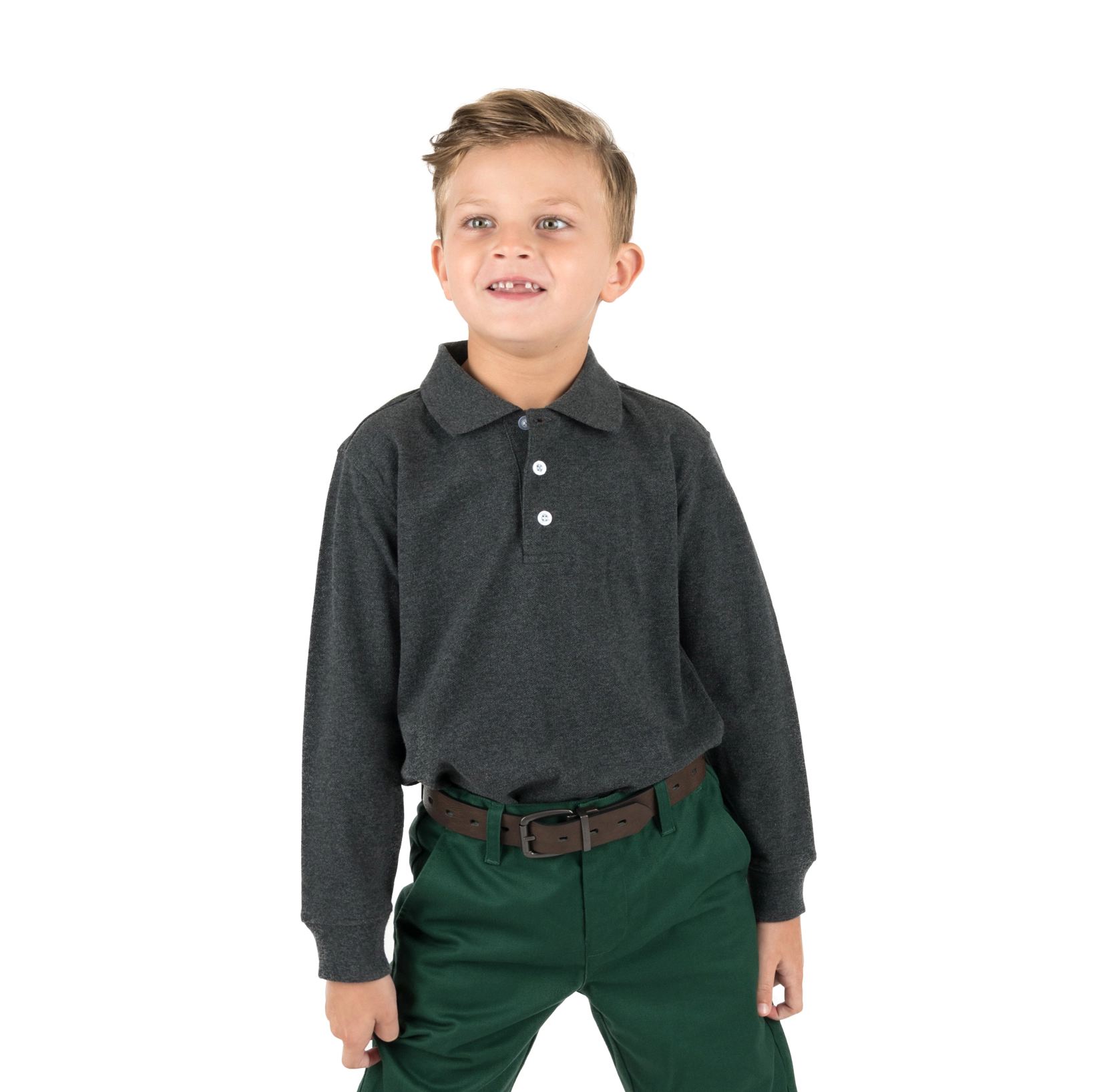 Leveret Boys Solid Long Sleeve Cotton Polo Shirt