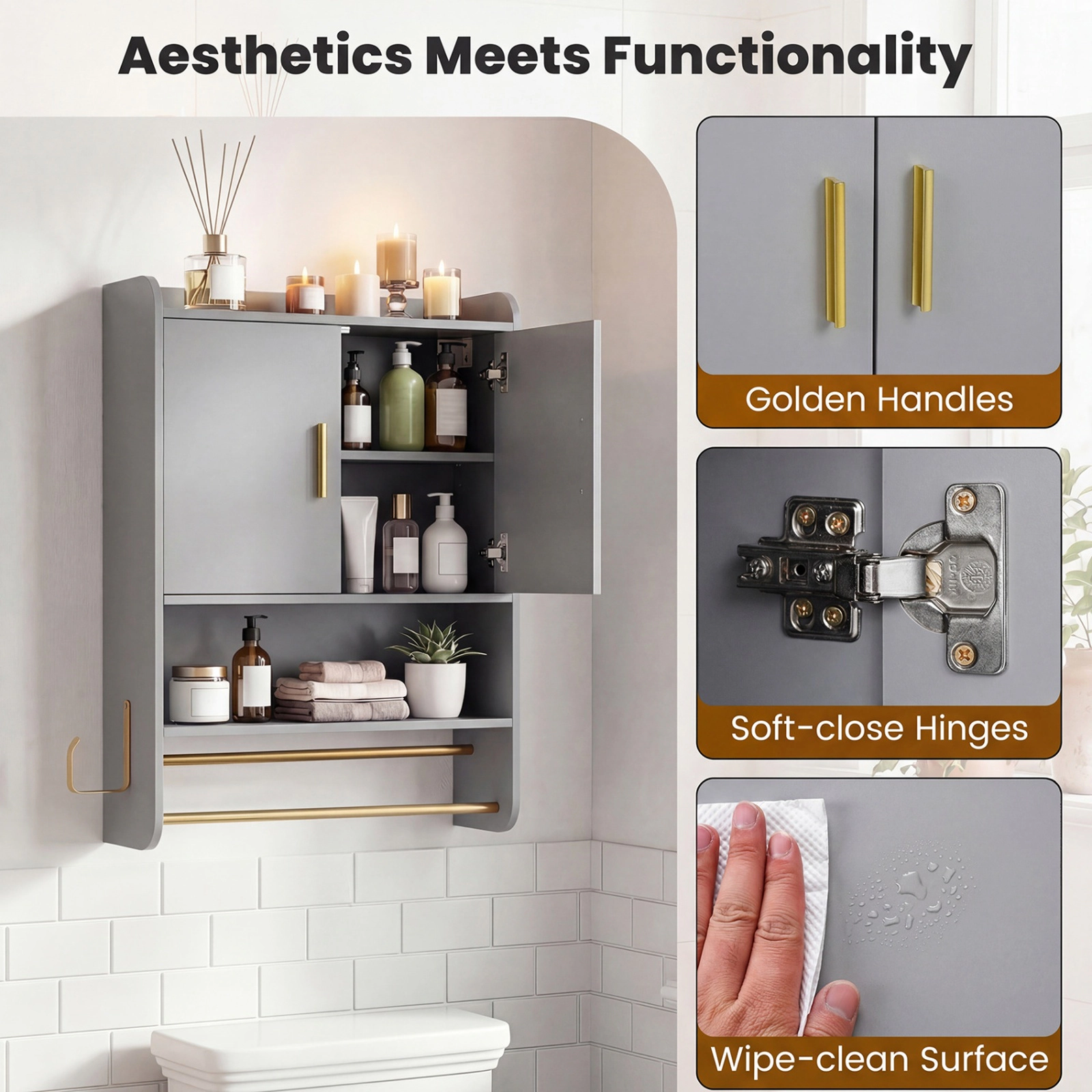 SUGIFT 2-Door Double Towel Bars 3-Height Shelf Bathroom Medicine Cabinet 21.5-in x 8-in x 31.5-in 22-lb per Tier Gray