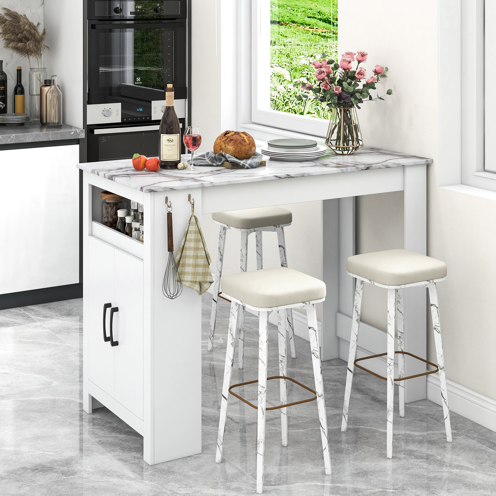 SUGIFT Faux Marble Bar Pub Table Storage Compartment & 7 Hanging Hooks 47-in Frame 220-lb Tabletop Capacity White MDF