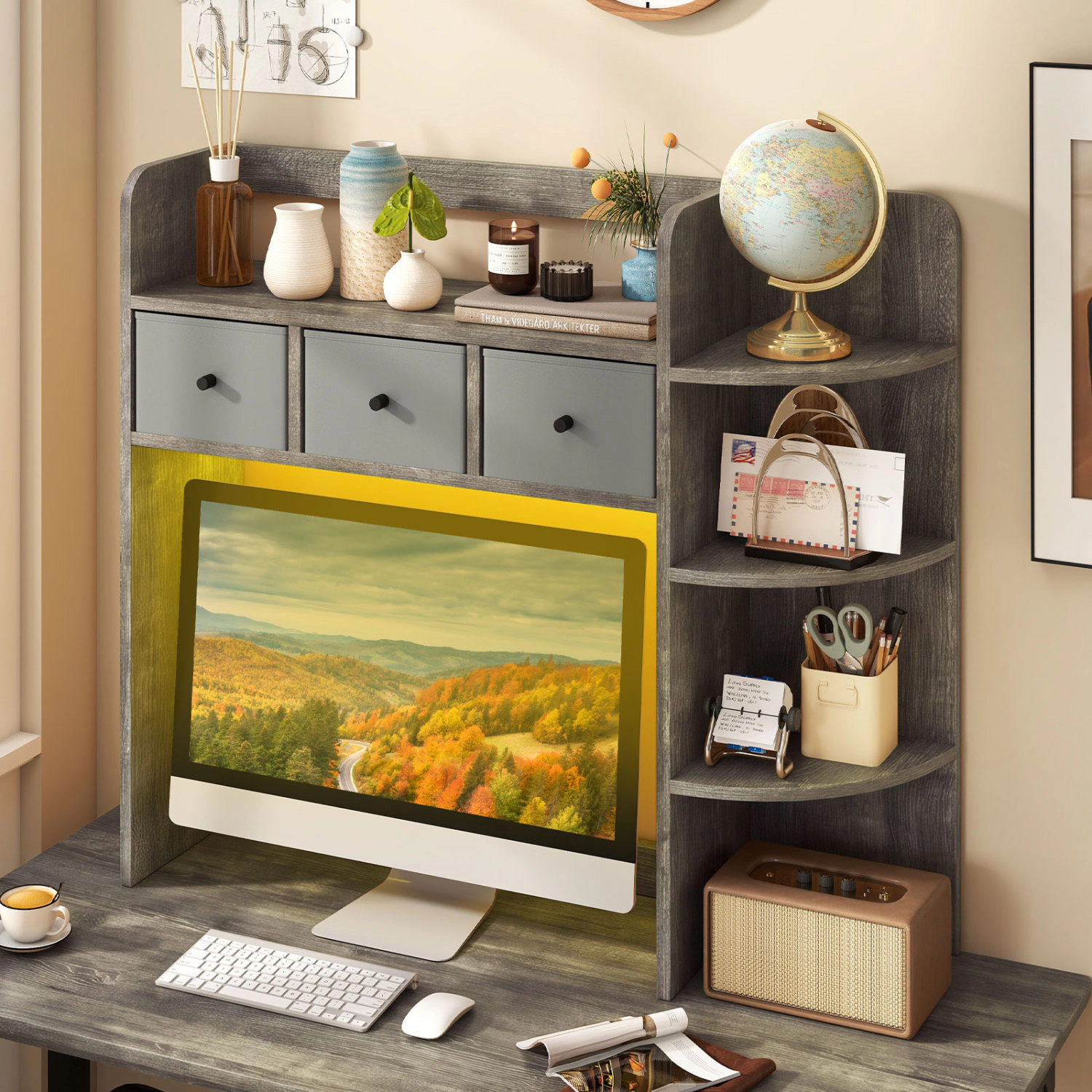 LJG Desktop Bookshelf with LED Lights 5-Tier Shelves and 3 Drawers for Home Officce