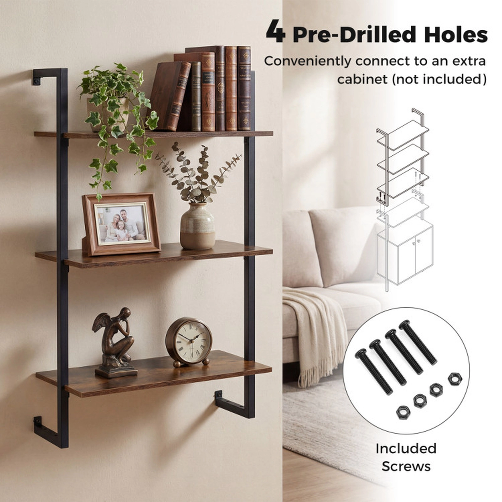SUGIFT 3-Tier Floating Kitchen Shelf Bookcase 35.5-in Tall 22-lb Per Shelf 66-lb Total Capacity Rustic Brown and Black