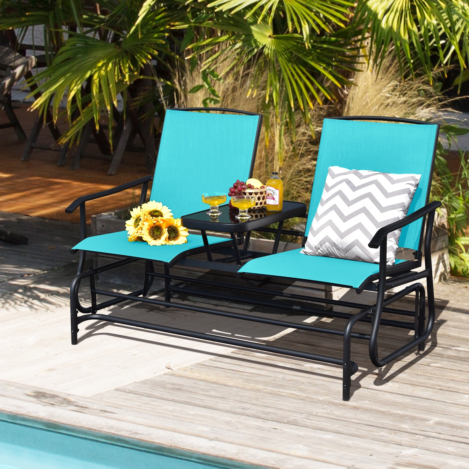 SUGIFT 2-Person Rocking Conversation Loveseat with Mesh Fabric and Center Tempered Glass Table 530-lb Capacity Turquoise
