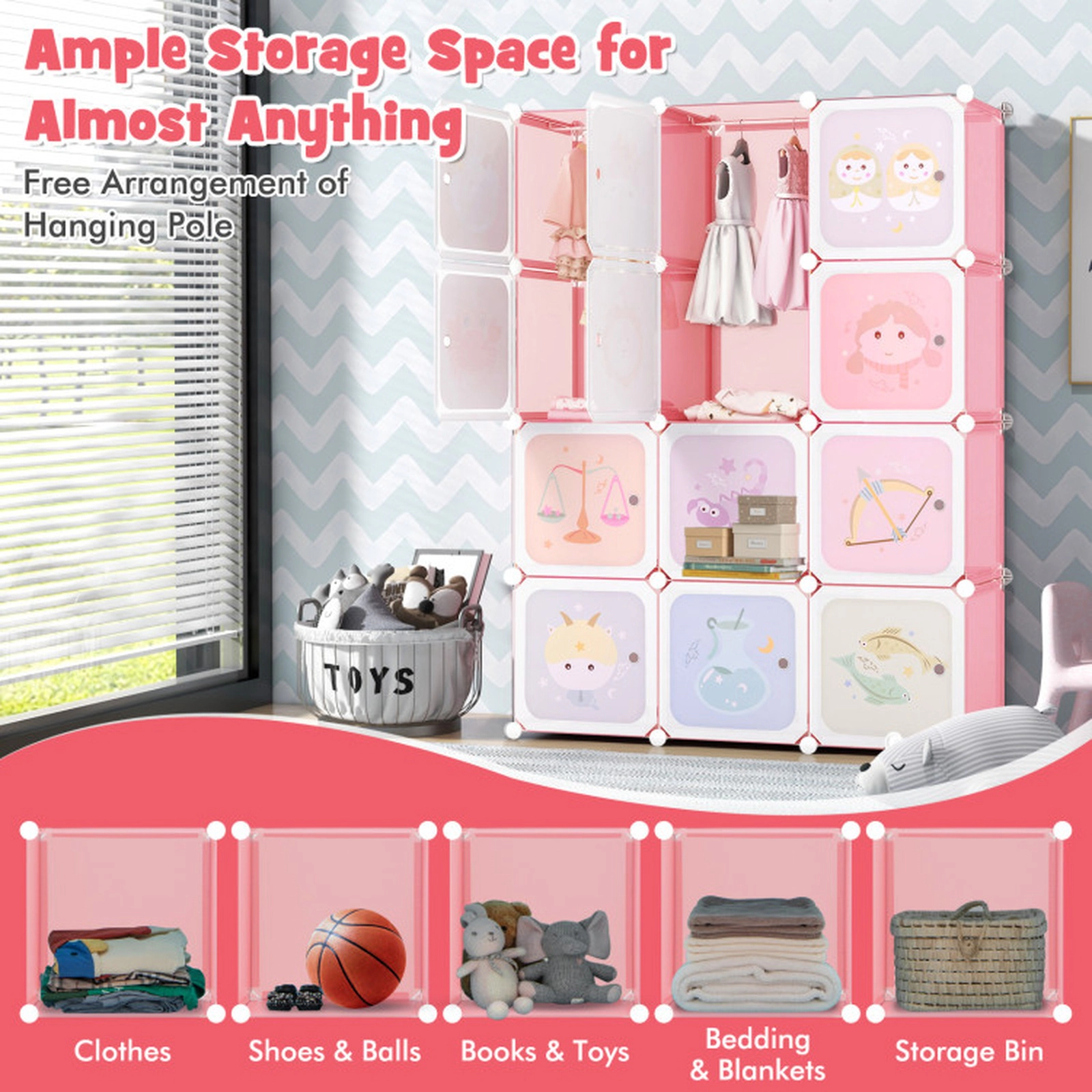 SUGIFT Kids 12-Cube Printed Doors Hanging Section Modular Wardrobe Closet 43-in x 14-in x 57-in 22-lb per Cube Pink