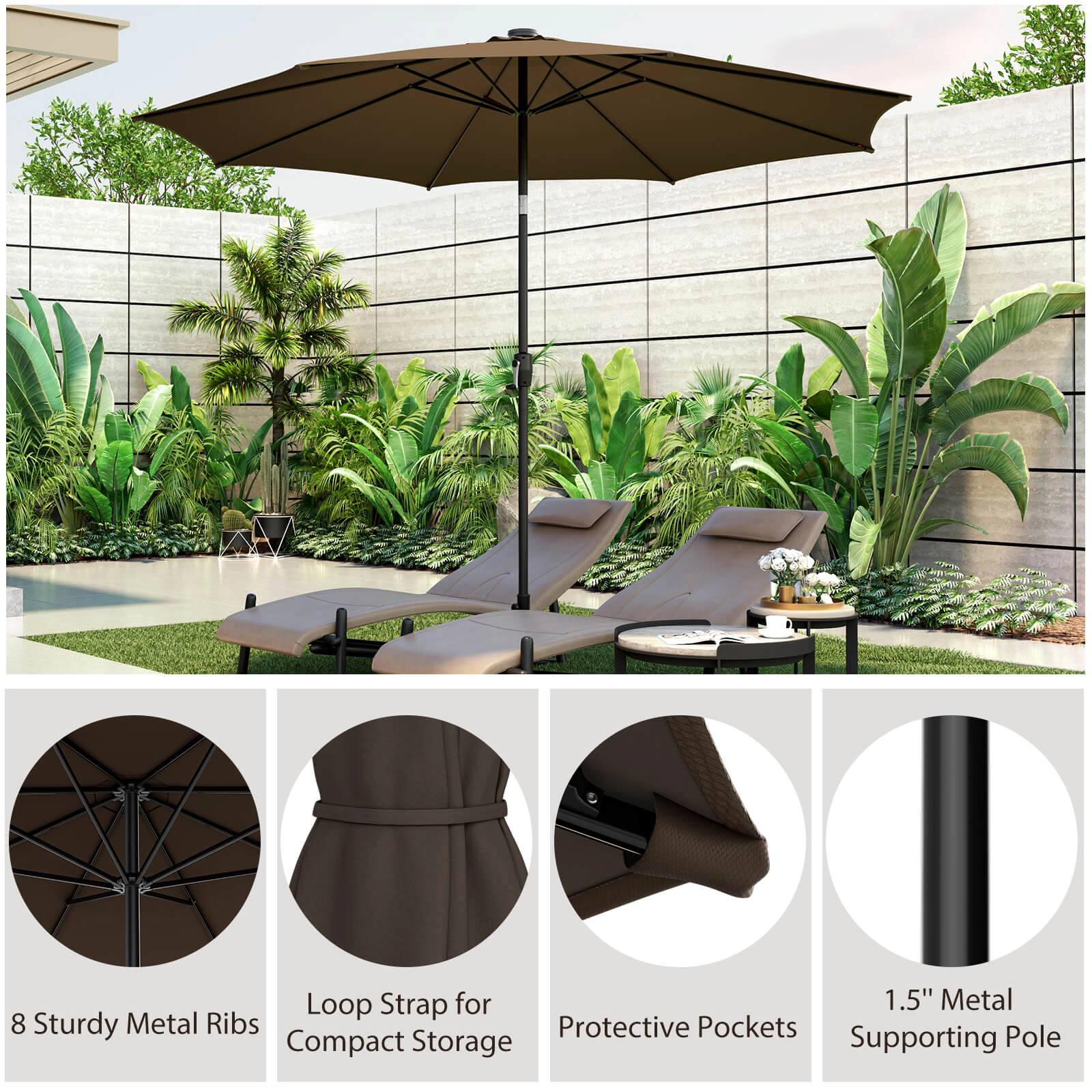 SUGIFT Solar-Lit 10-Ft Patio Umbrella with 112 LED Lights Crank Handle Tilt Coffee