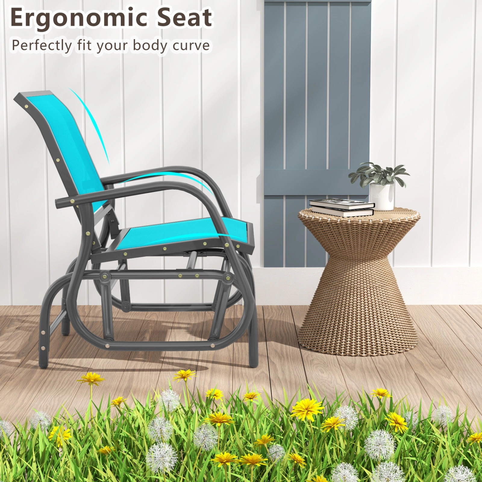 SUGIFT Turquoise Steel Outdoor Swing Glider Rocking Chair with Armrests