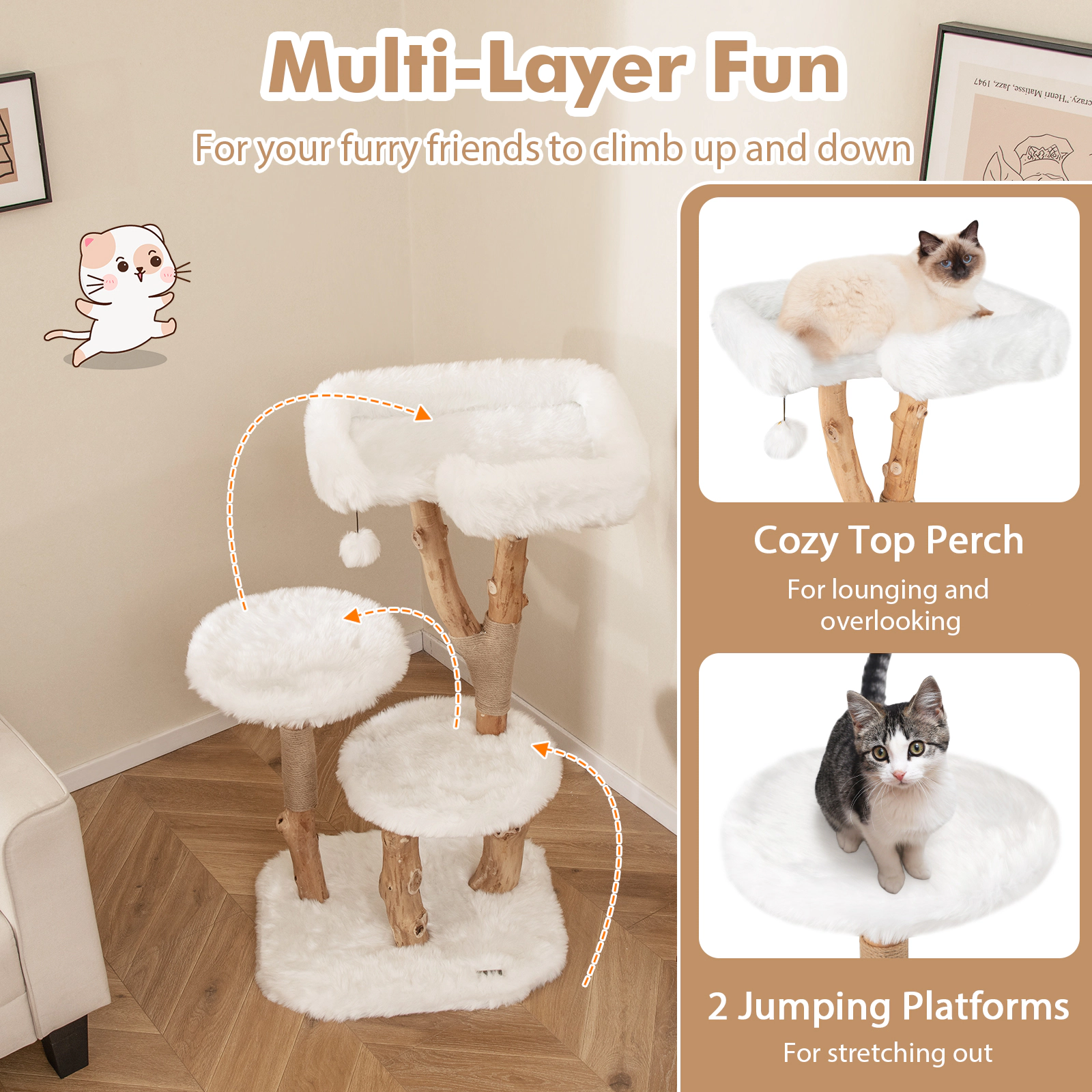 SUGIFT 44-in Solid Wood Cat Tree with Top Perch and Natural Jute Scratching Posts 33-lb Capacity Natural+White