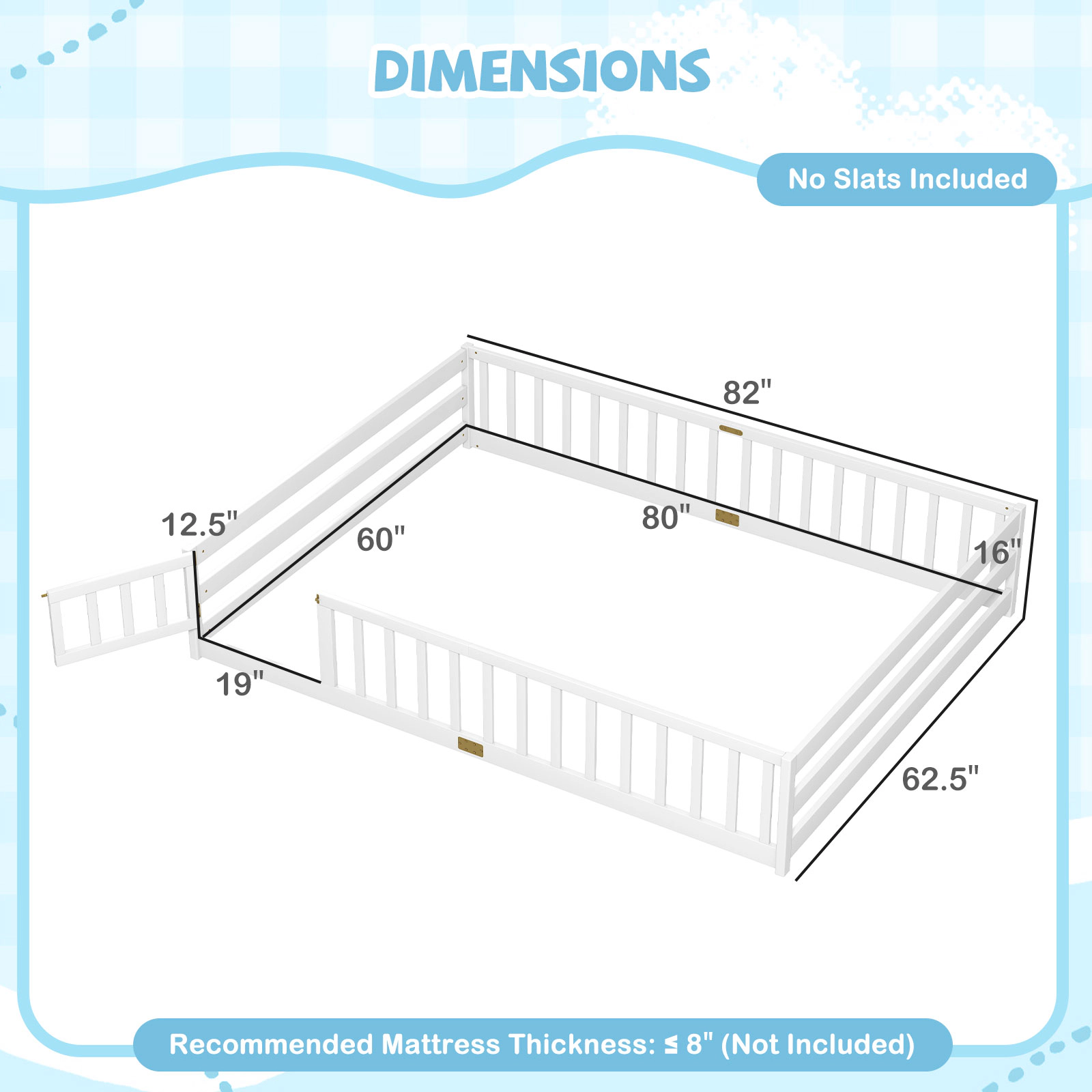 SUGIFT Low-to-Ground Queen Size Montessori Floor Bed Frame Toddler Bed Full-Length Safety Guardrails & Lockable Door