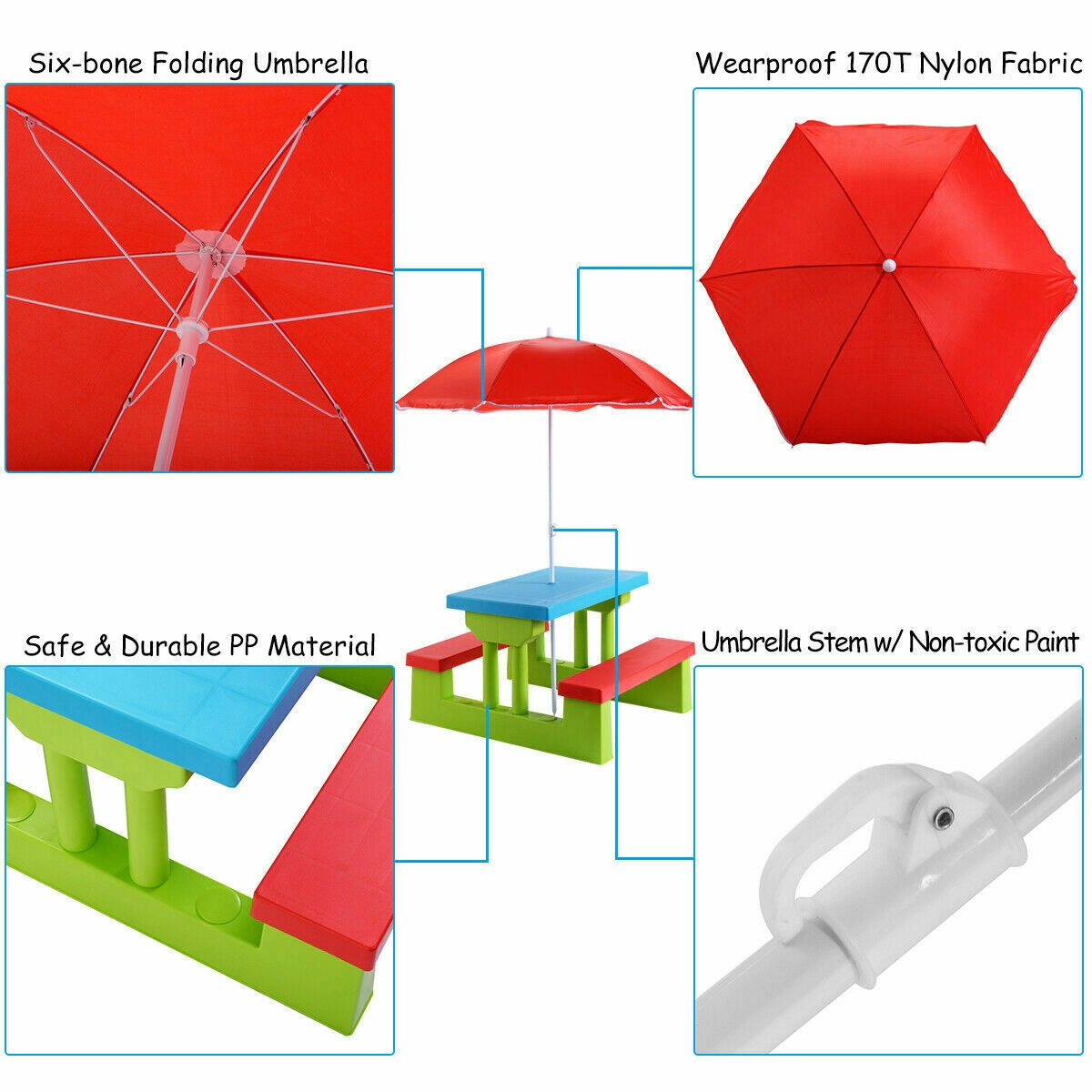 SUGIFT Multicolor Umbrella 4 Seats PP Kids Folding Picnic Table and Bench Set