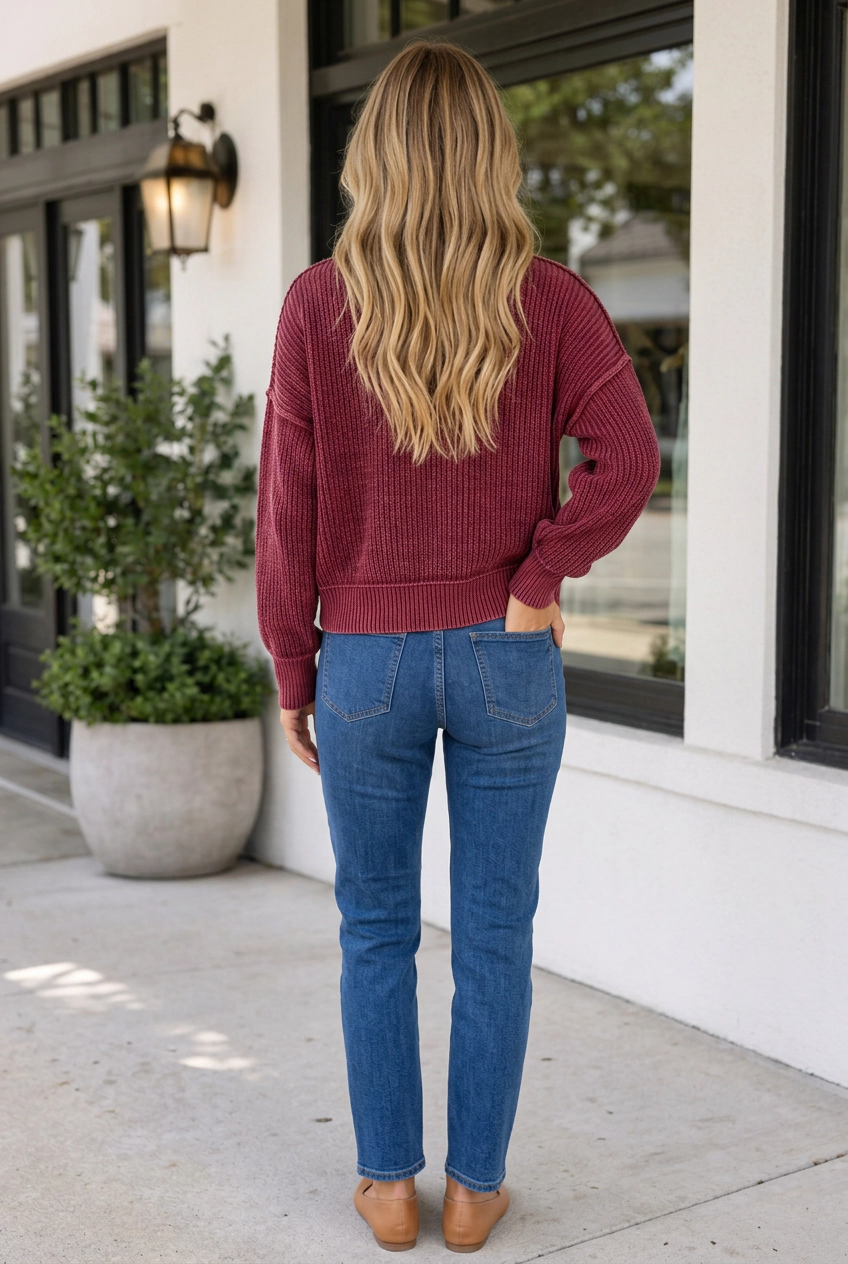 Threaded Pear Women's Briana Shoulder High Ribbed Sweater