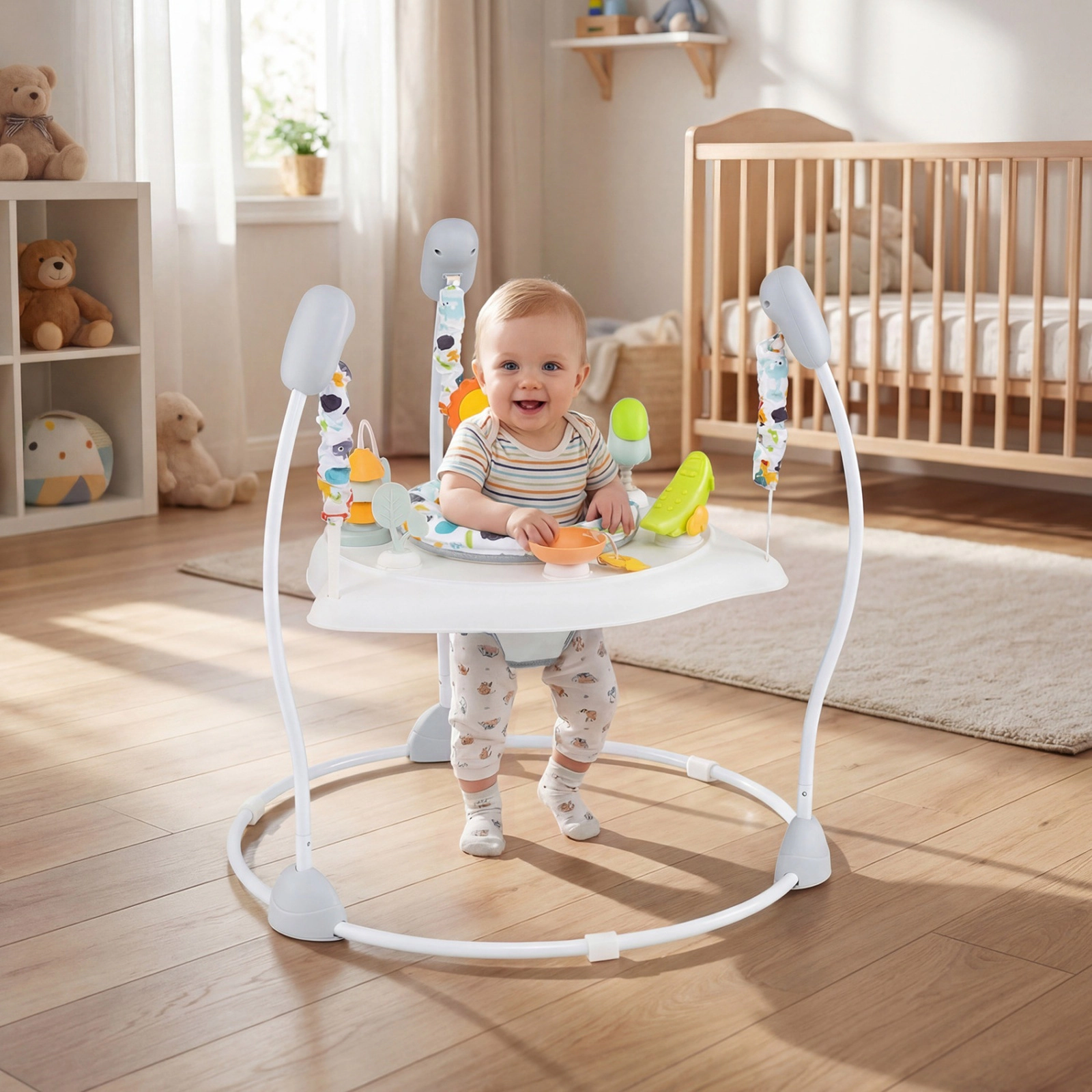 SUGIFT Baby Jump and Play Activity Center Rotatable Seat 4 Play Stations 26.5-lb Capacity Ages 7-15 Months Blue/White