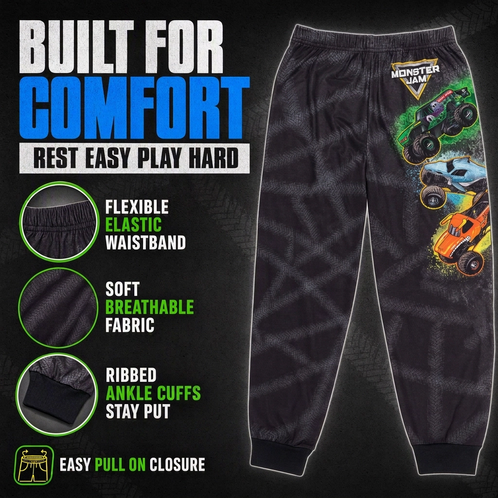 Monster Jam Boys' 2-Piece Pajama Top and Pants Set