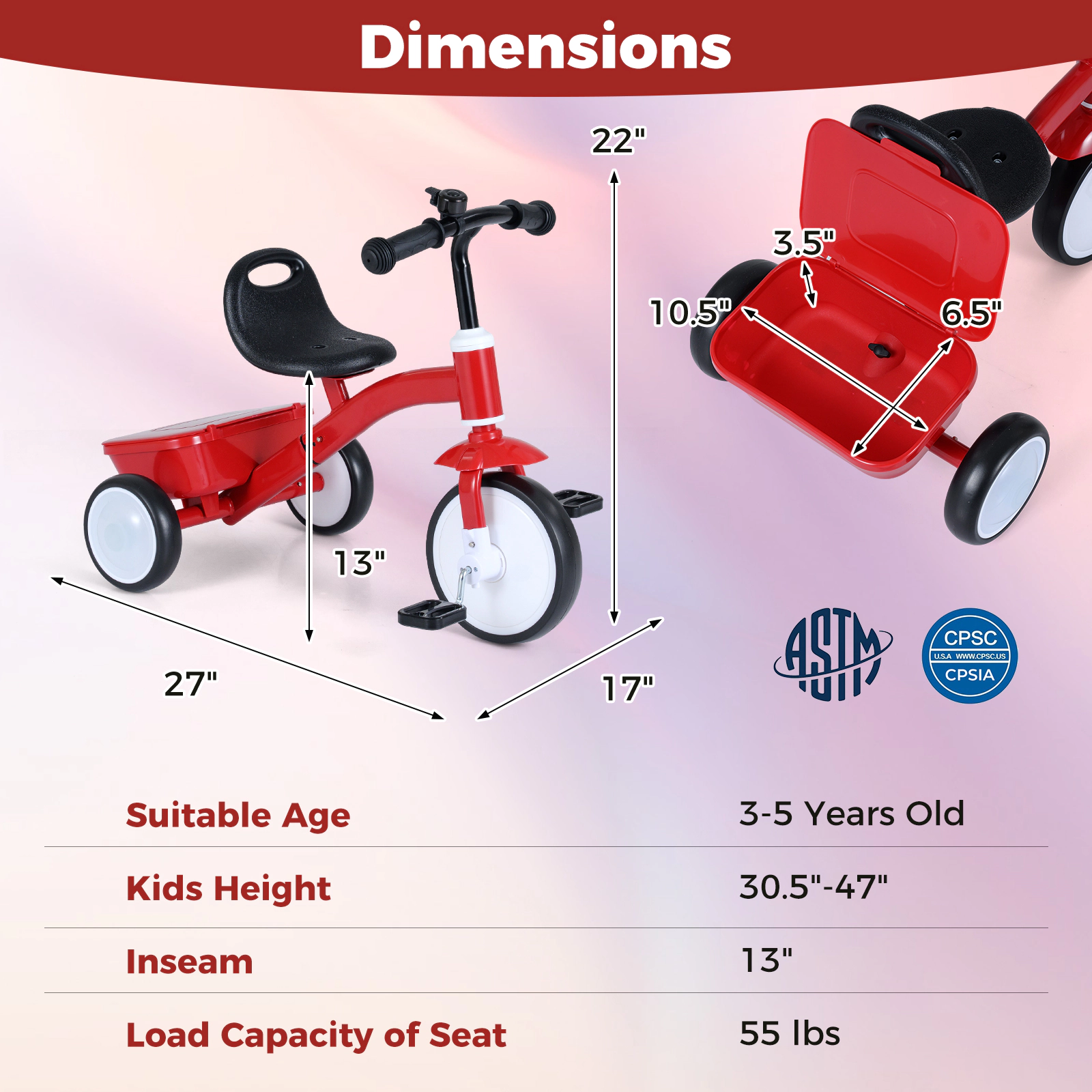 Toddler Tricycle with 4-Position Seat 135-Degree Steering Limit and Glowing Rear Wheels for Ages 3-5 Storage Bin