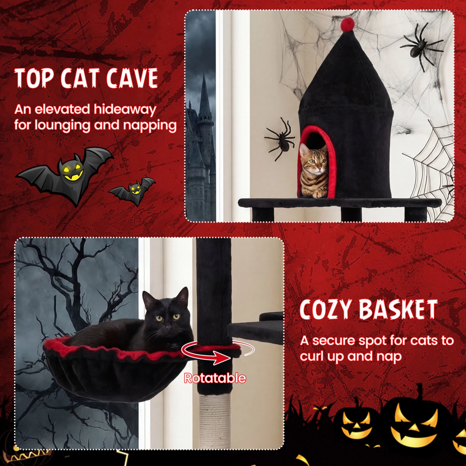 SUGIFT Black 63 in Top Cave Condo for Large Cats 20 lb Plus Gothic Cat Tree