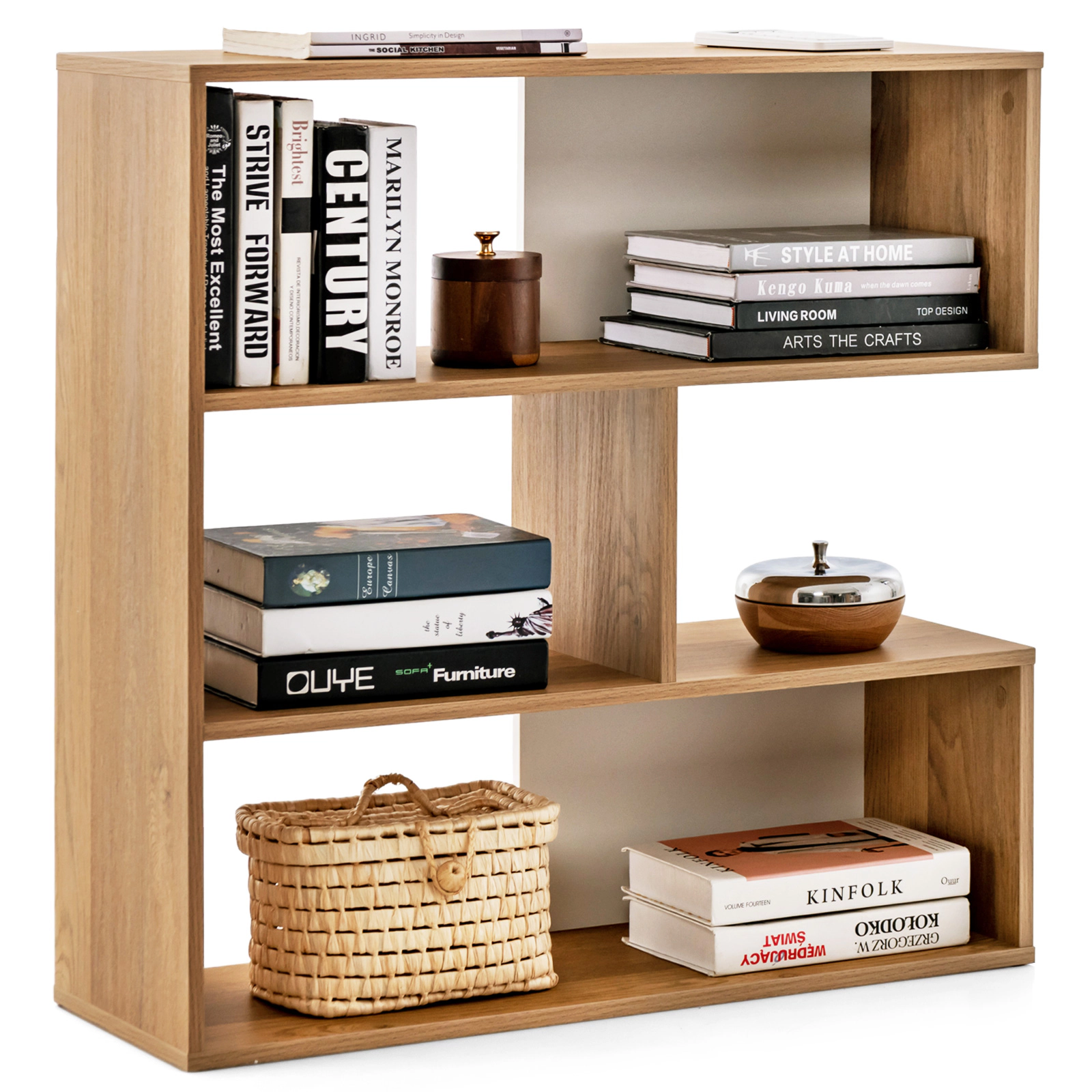 LJG Concave Bookshelf 3-Shelf Open Bookcase with Anti-Toppling Device for Living Room Study Office