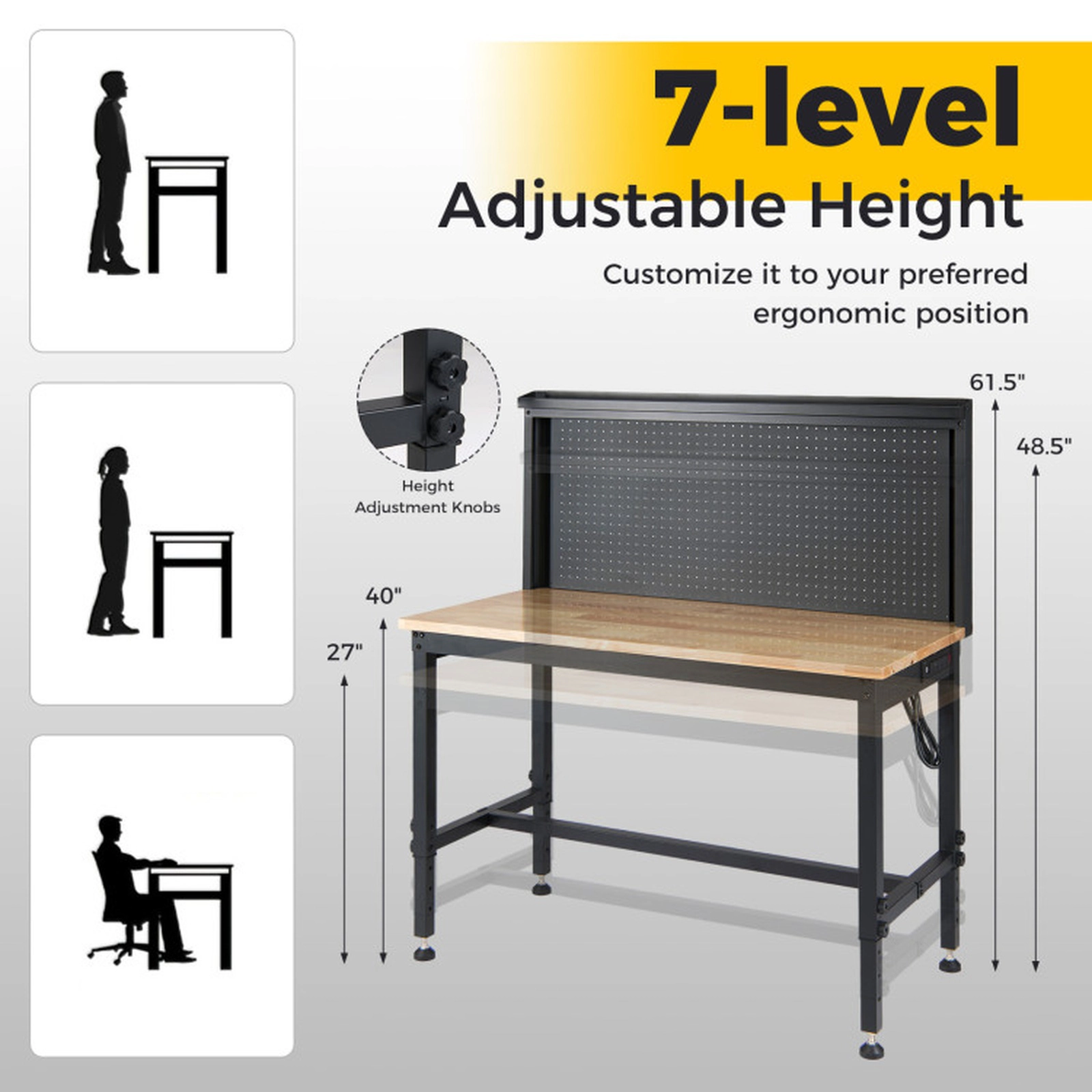 SUGIFT 48-in 2000-lb Capacity Rubber Wood Workbench with 4 AC Outlets 2 USB Ports and Pegboards