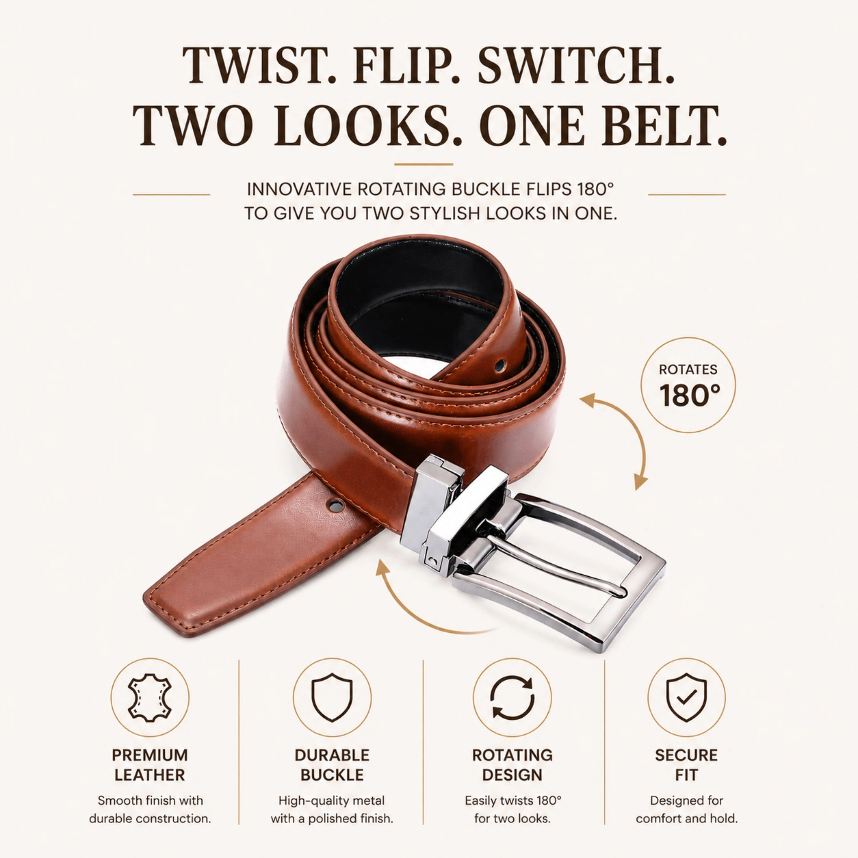 Mio Marino Men's Reversible Leather Belt with Rotating Buckle