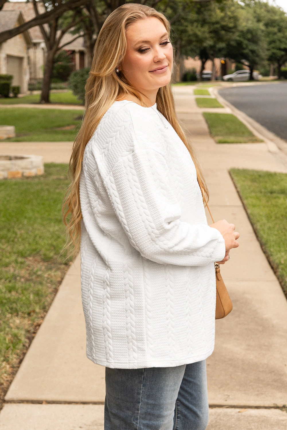 Threaded Pear Women's White Cable Textured Loose Plus Sweatshirt