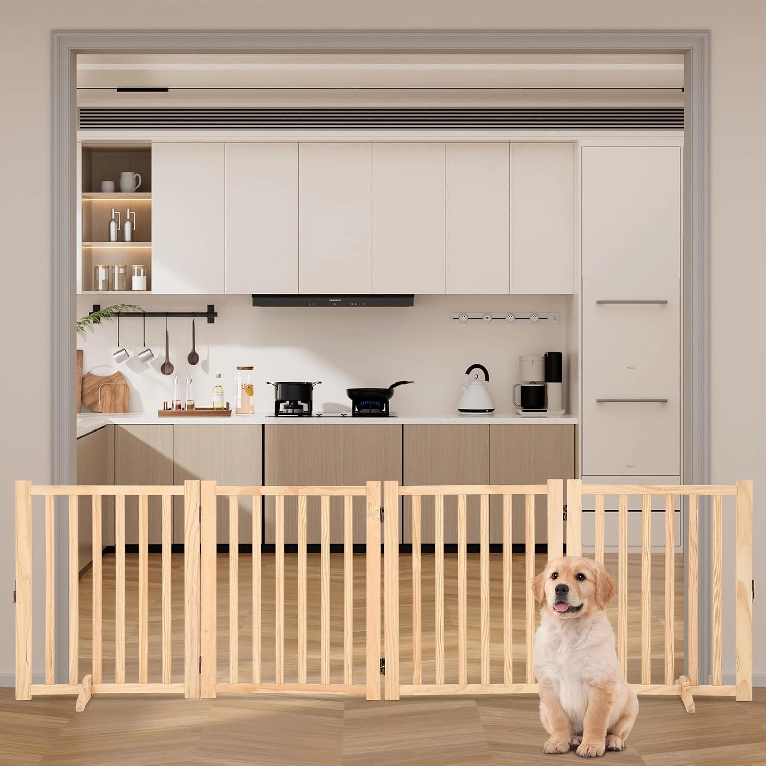 Freestanding Wooden Dog Gate Fence, Indoor Pet Barrier for Doorway & Stairs, Complete Mount Hardware