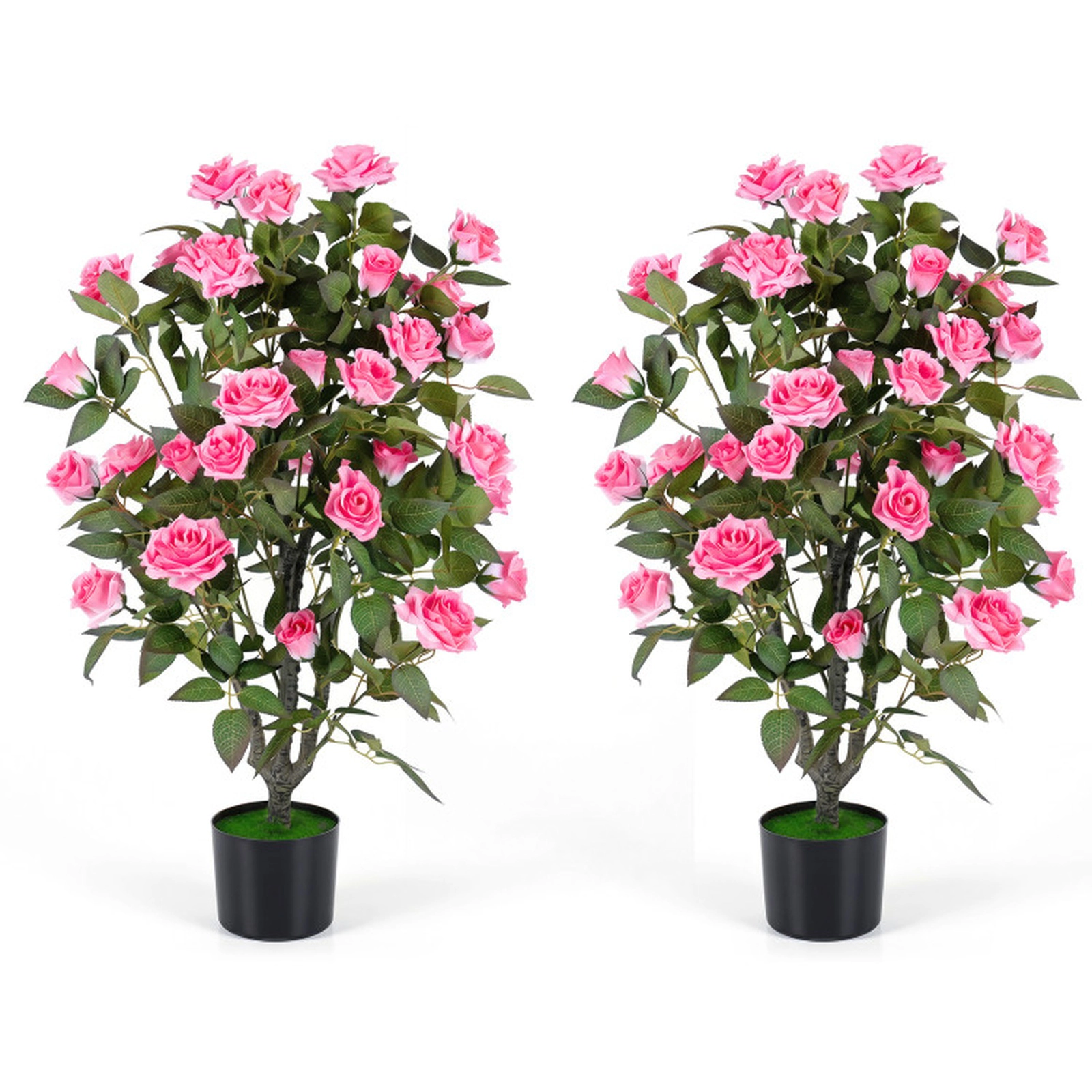 SUGIFT Set of 2 35.5-in 32 Blooms Silk Petals PE Trunks Artificial Rose Trees 6-in x 5-in Cement Pot 13-lb Pink