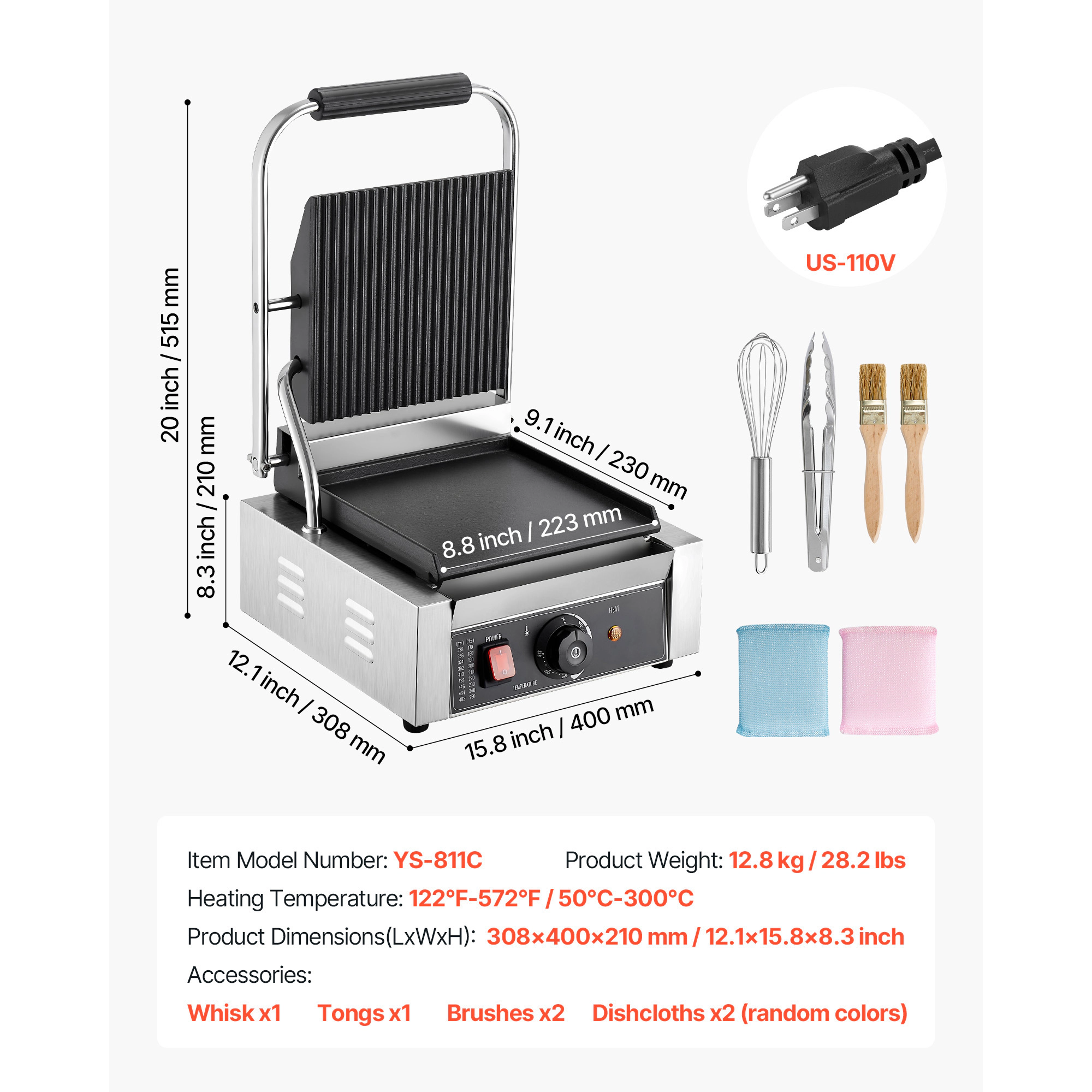 HONGGE Commercial Panini Grill, Electric Sandwich Panini Maker