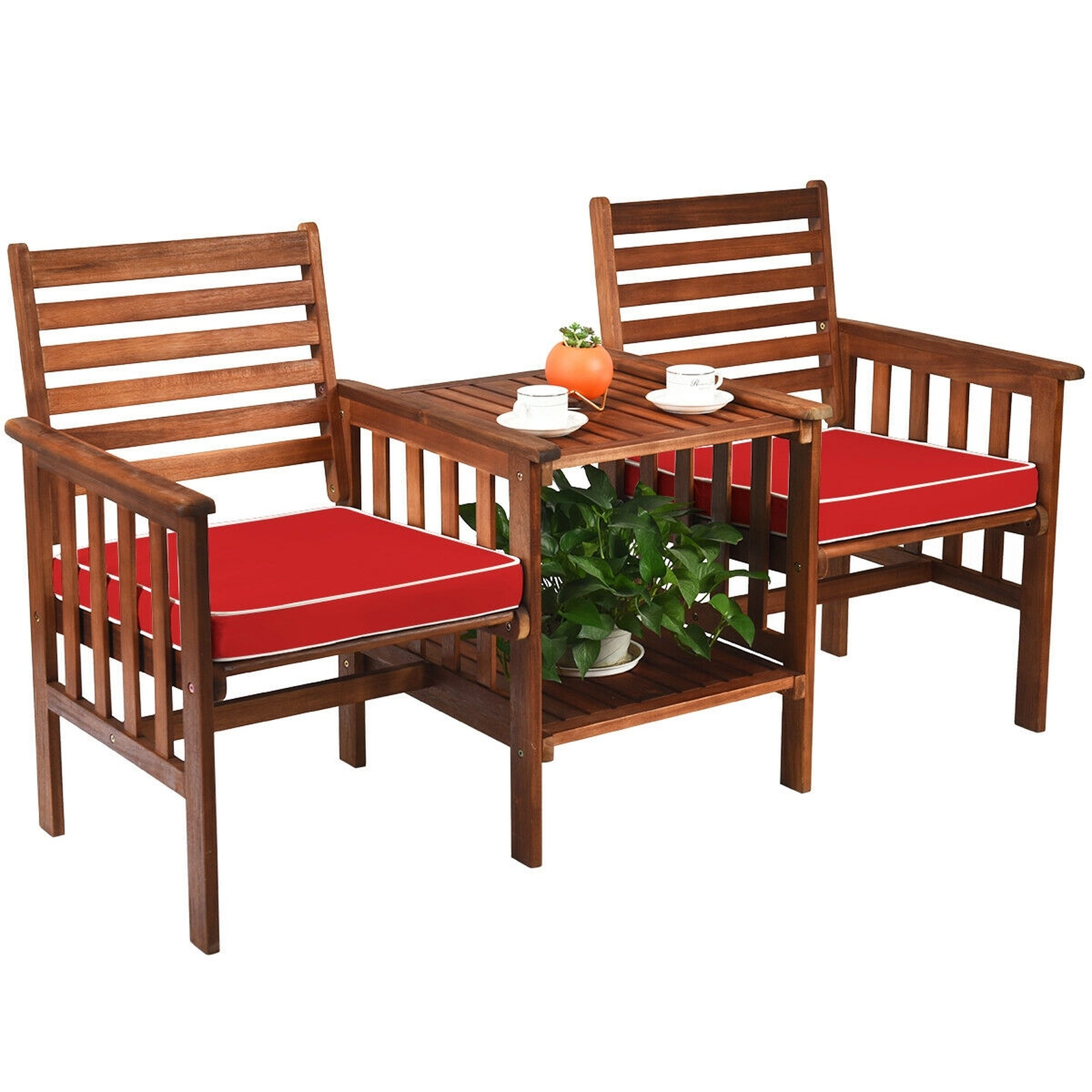 SUGIFT Natural Acacia Wood Patio Loveseat with Center Table and Umbrella Hole
