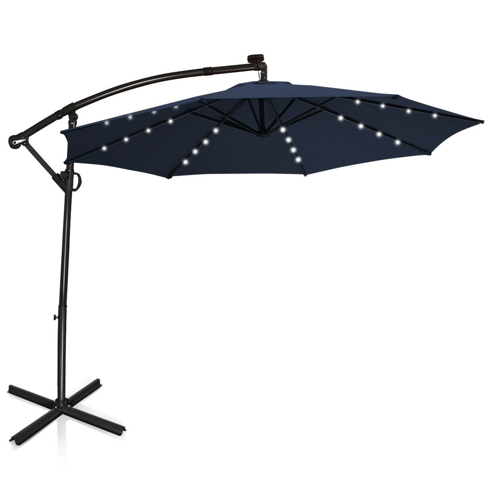 SUGIFT 10-ft 360° Rotation Solar Powered LED Patio Offset Umbrella with 32 Lights and Cross Base Navy Blue