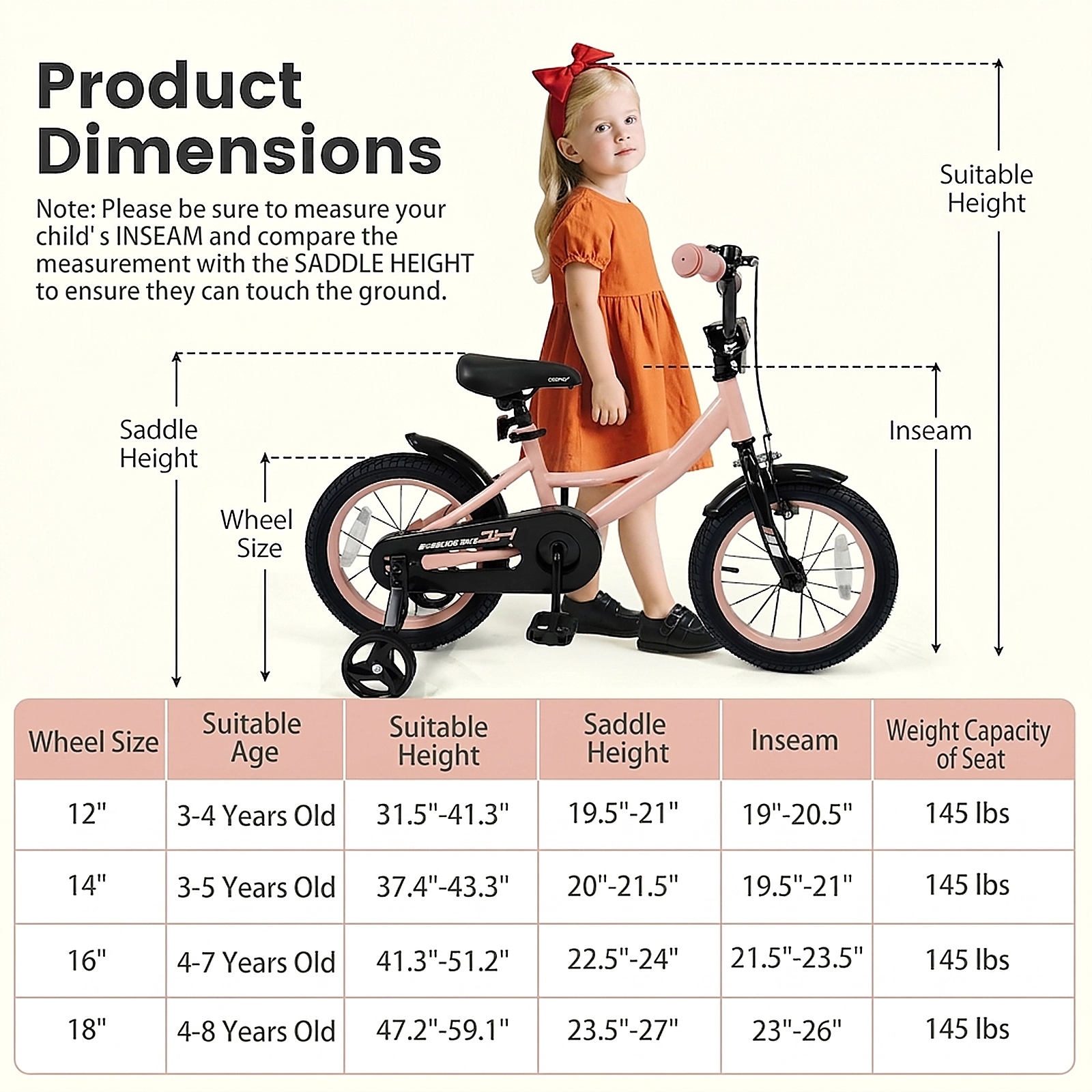 SUGIFT Pink Removable Training Wheels Adjustable Handlebar and Seat Kids 14 Inch Bike
