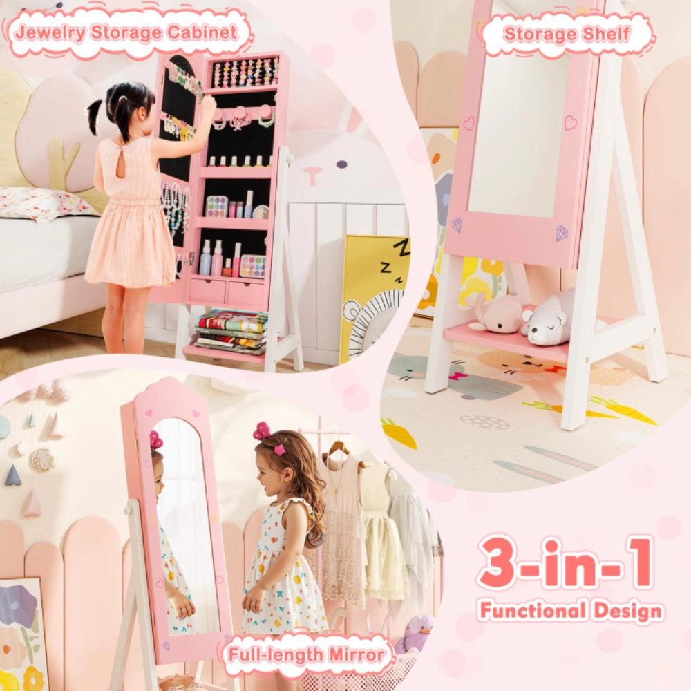 Hivvago Kids Jewelry Organizer With Full Length Mirror Drawers And Storage Shelves
