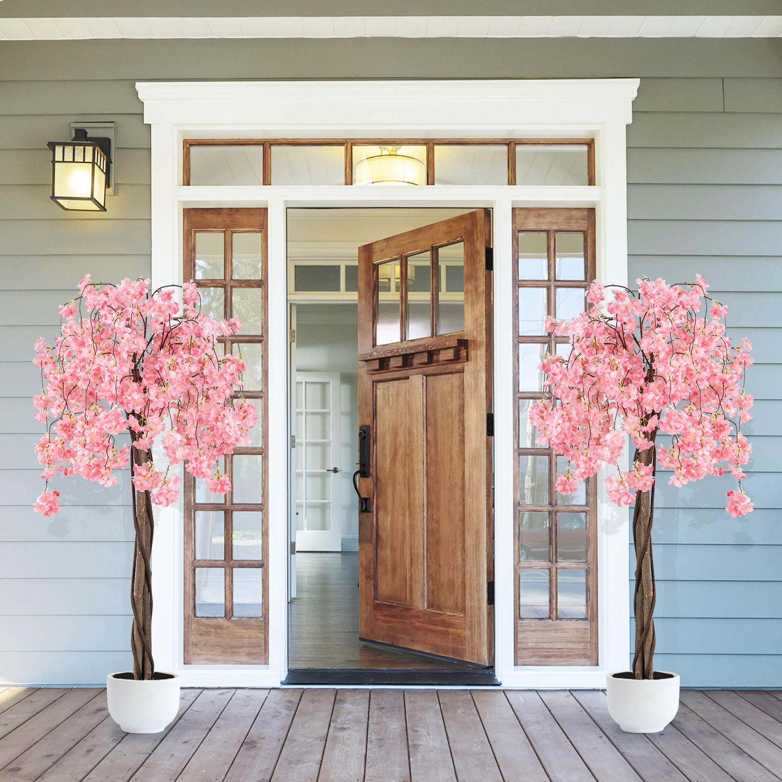 SUGIFT Set of 2 5.5-ft Cascading Branches Wood Trunks Artificial Cherry Blossom Trees 7-in x 5.5-in Pot 20-lb Pink
