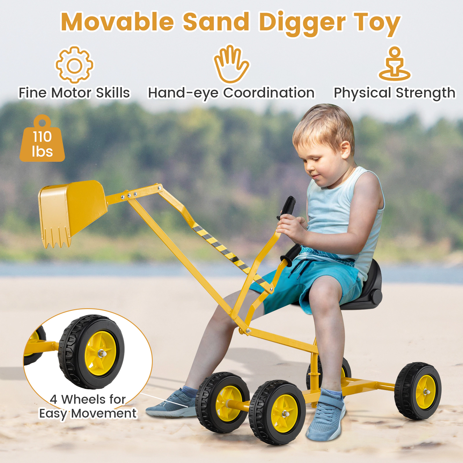 All-Season Kids Sand Digger Ride-On Excavator Toy 2-Handed Levers 360-Degree Swivel Seat Backrest 110-lb Ages 3+ Yellow