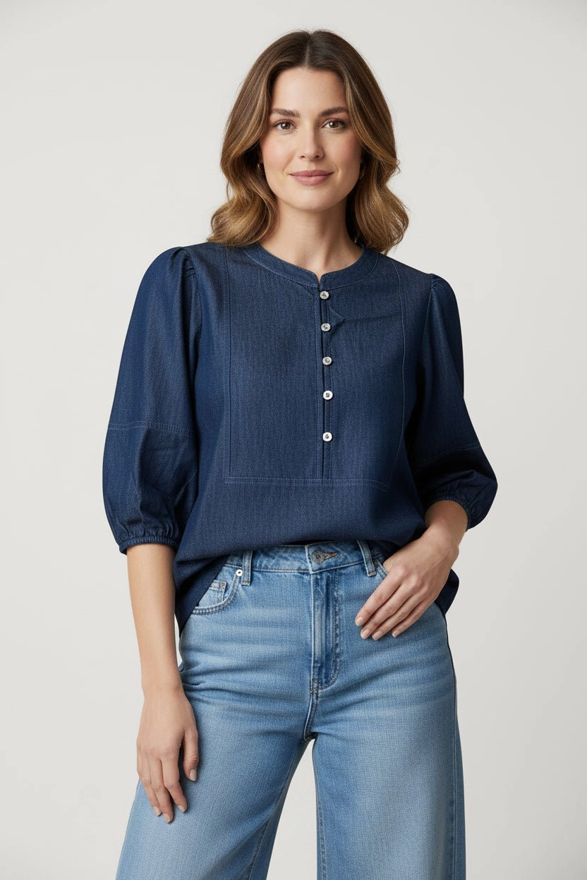 DressAtR Women's Blue Denim Puff Sleeve Front Button Round Neck Blouse