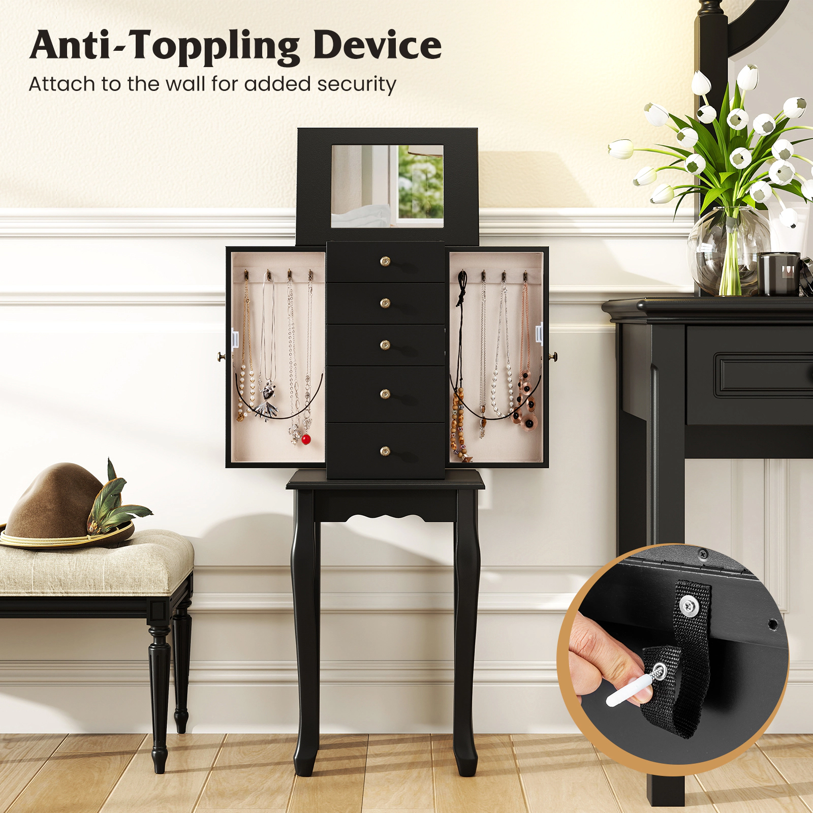 SUGIFT Flip Top Mirror 5 Drawers 2 Side Doors 8 Necklace Hooks Jewelry Cabinet Armoire 12.5-in x 8.5-in x 34-in Black