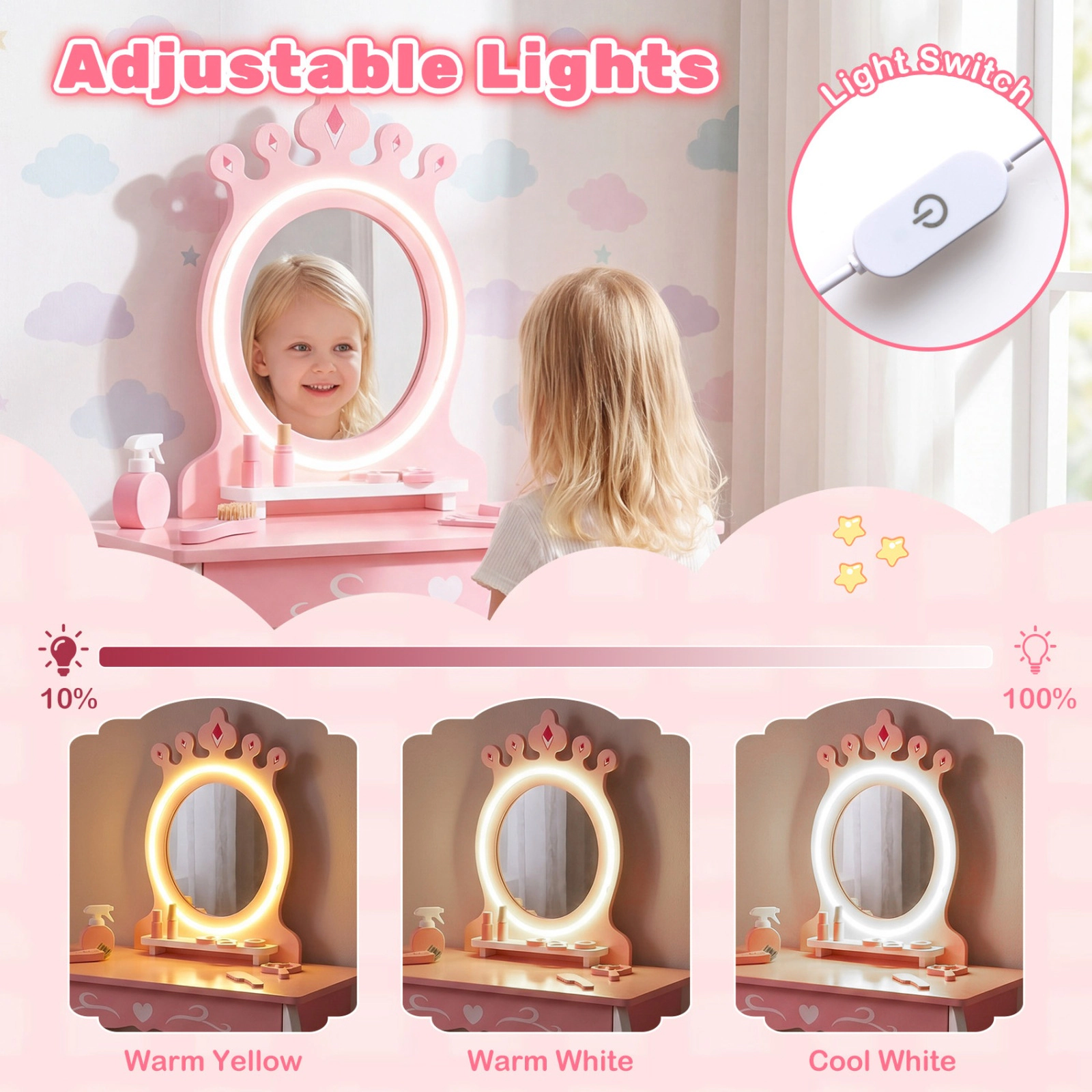SUGIFT Kids Hair Salon Playset, Pink and White Vanity with Lighted Mirror, Swivel Chair and Rolling Trolley