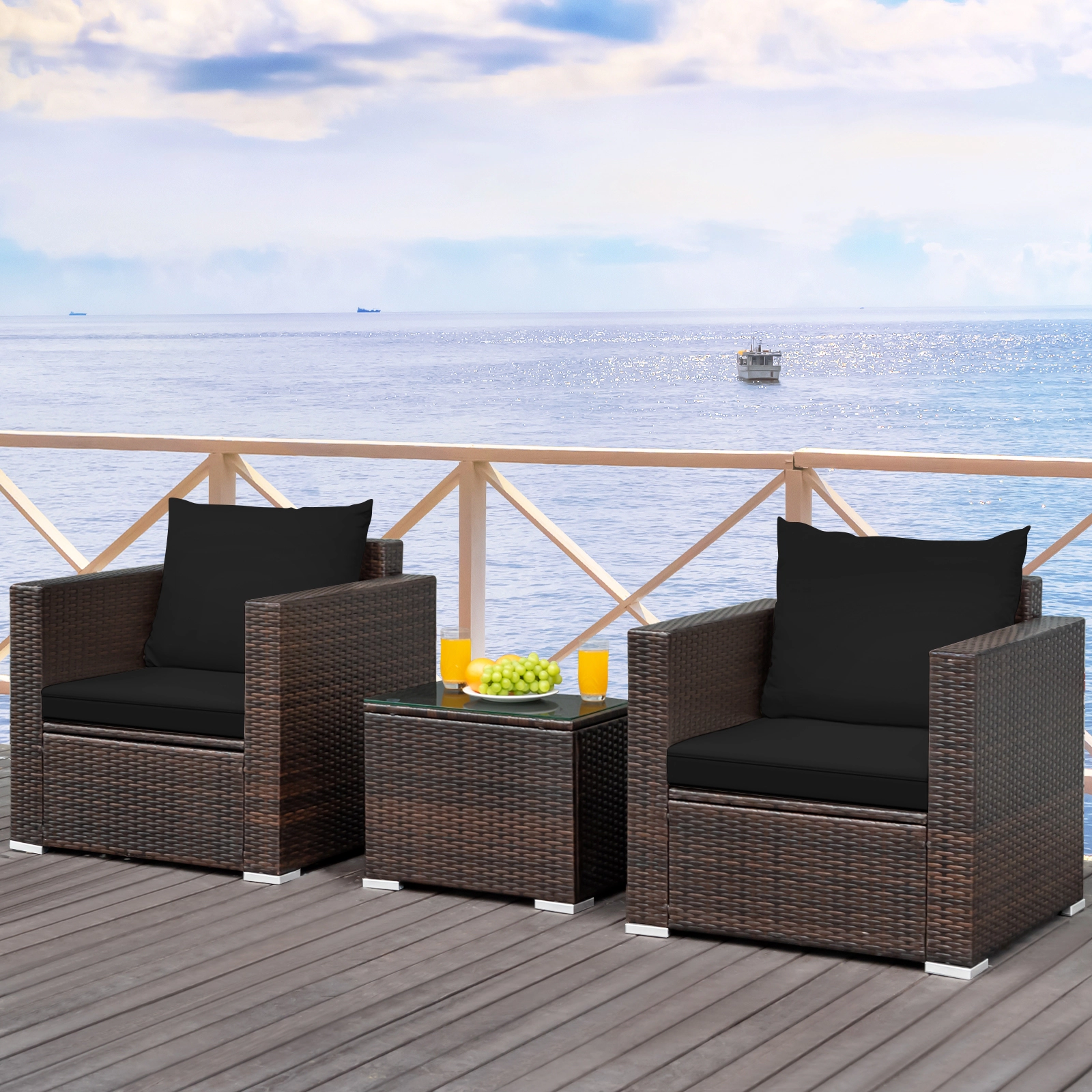 SUGIFT 3-Piece Black Rattan Patio Conversation Set with 2 Cushioned Armchairs and Glass Table