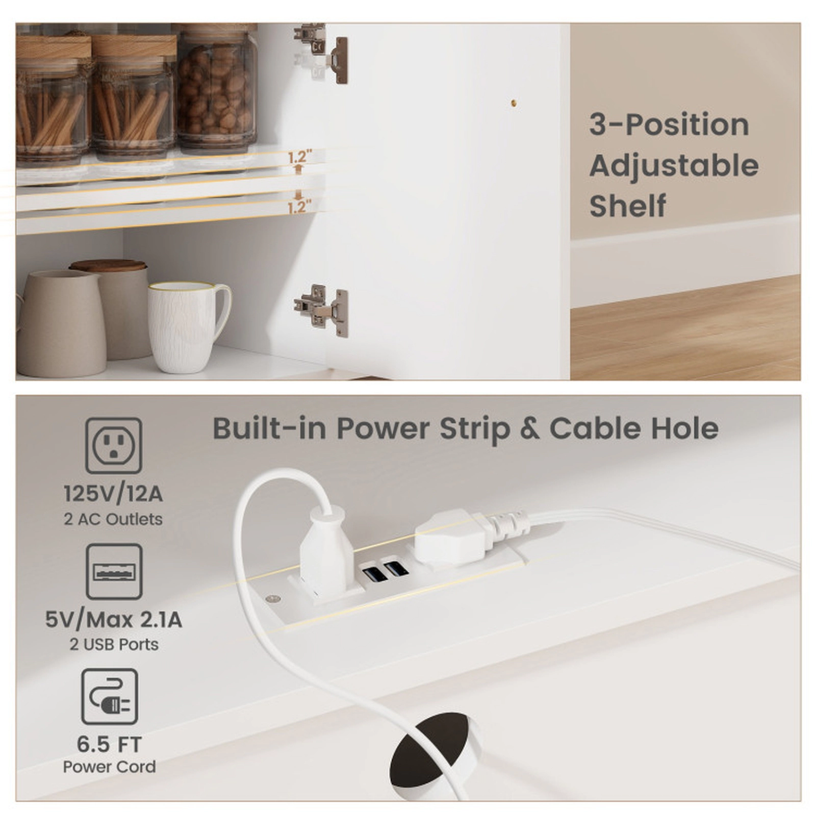 SUGIFT Drop Leaf Mobile Kitchen Island White with Power Outlet and Adjustable Shelf