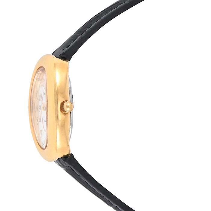 Peugeot Women's 14K Gold-Plated Petite Oval Dial with Thin Glossy Black Leather Strap