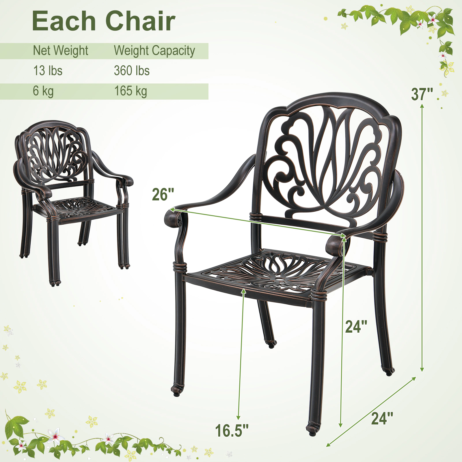 LJG 2 Pieces Patio Cast Aluminum Dining Chairs with Armrests
