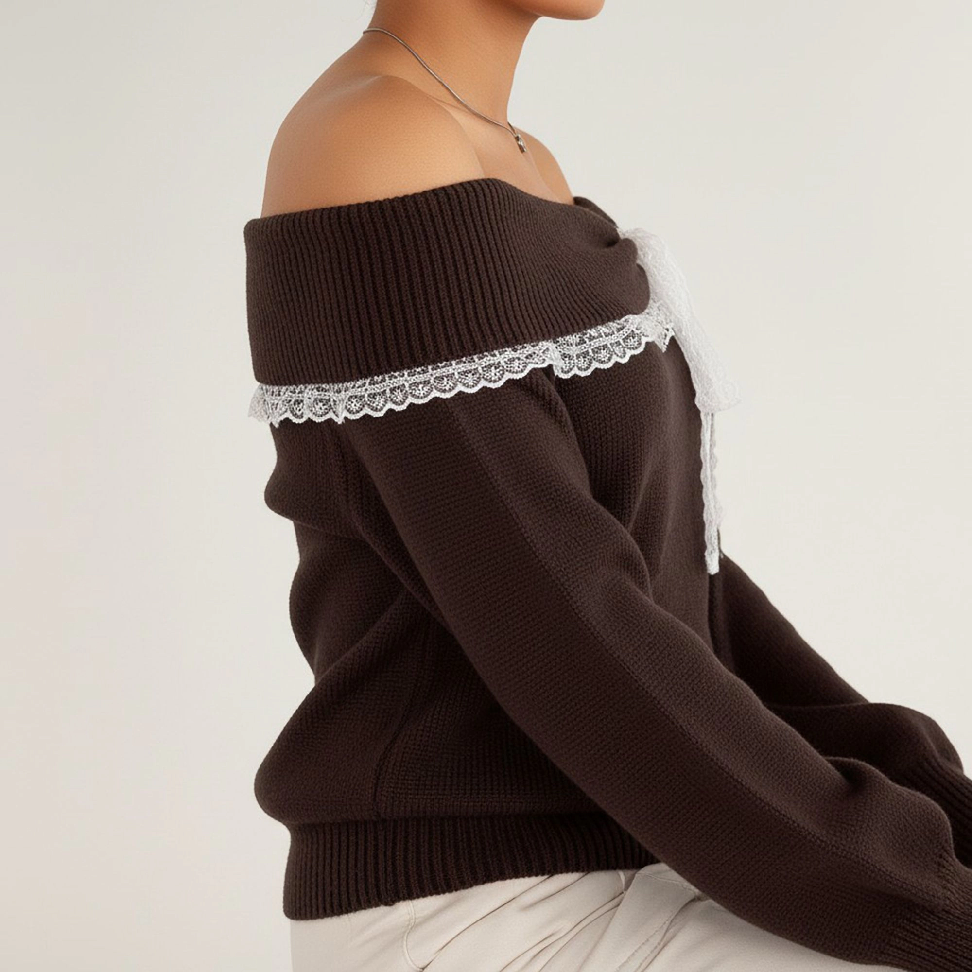 Anna-Kaci Women's Off Shoulder Knit Top with Lace Trim and Long Sleeves