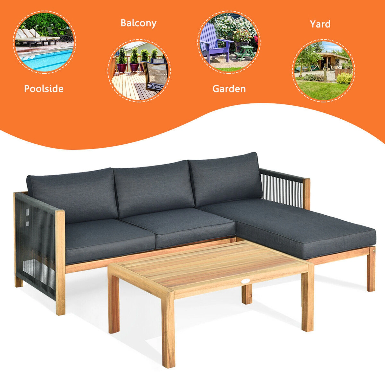 SUGIFT Chaise Lounge and Coffee Table 3-Piece Acacia Wood Patio Sofa Set