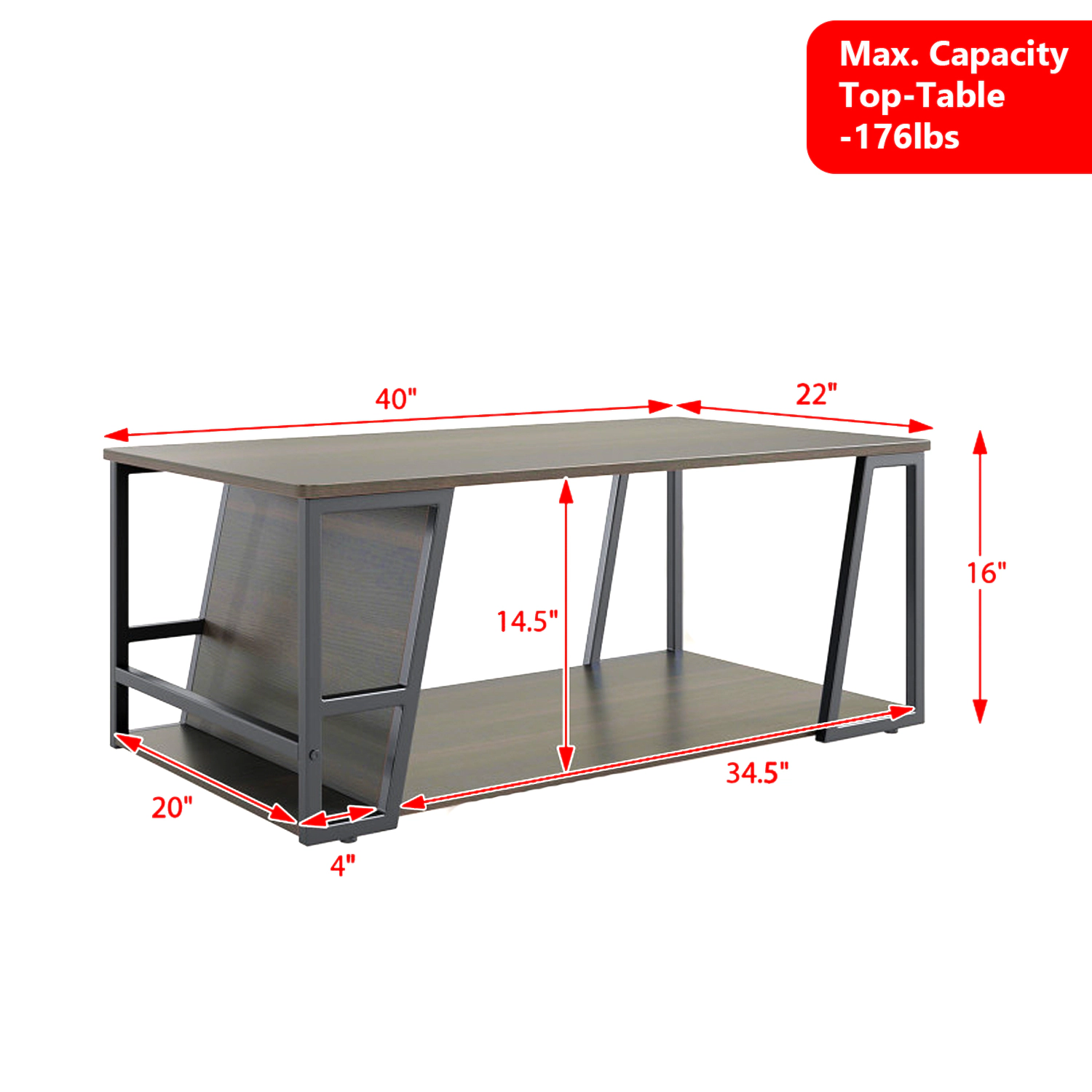 Hivvago Rectangular Living Room Table with Industrial Frame and Double Storage Space