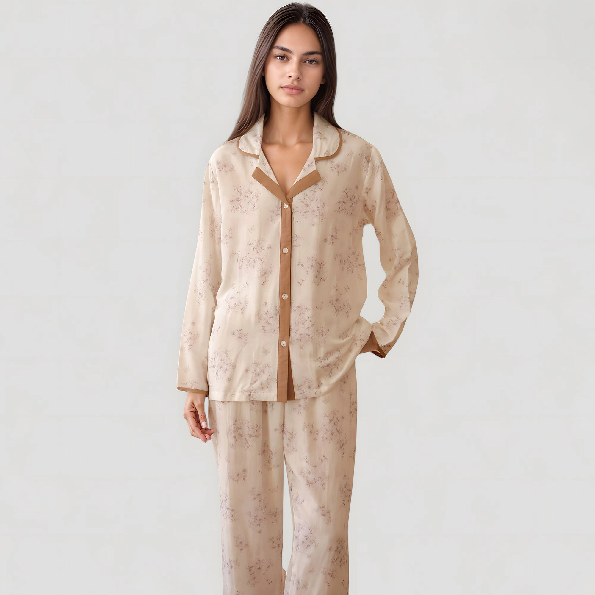 Anna-Kaci Women's Floral Print Long Sleeve Pajama Set with Contrast Piping Trim and Relaxed Button Up Shirt