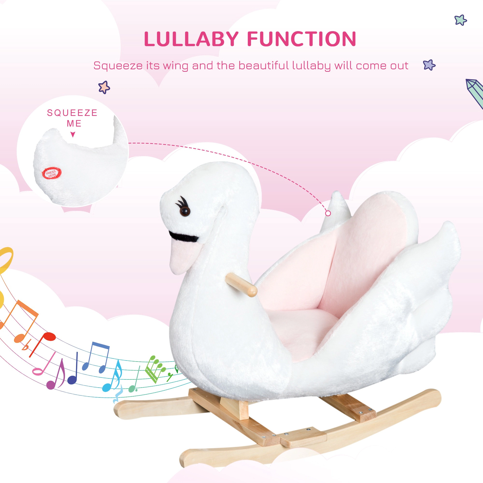 HONGGE Plush Swan Rocking Chair with Sing-Along Music, Wood Base and Safety Handles for Toddlers 18 Months+, Pink