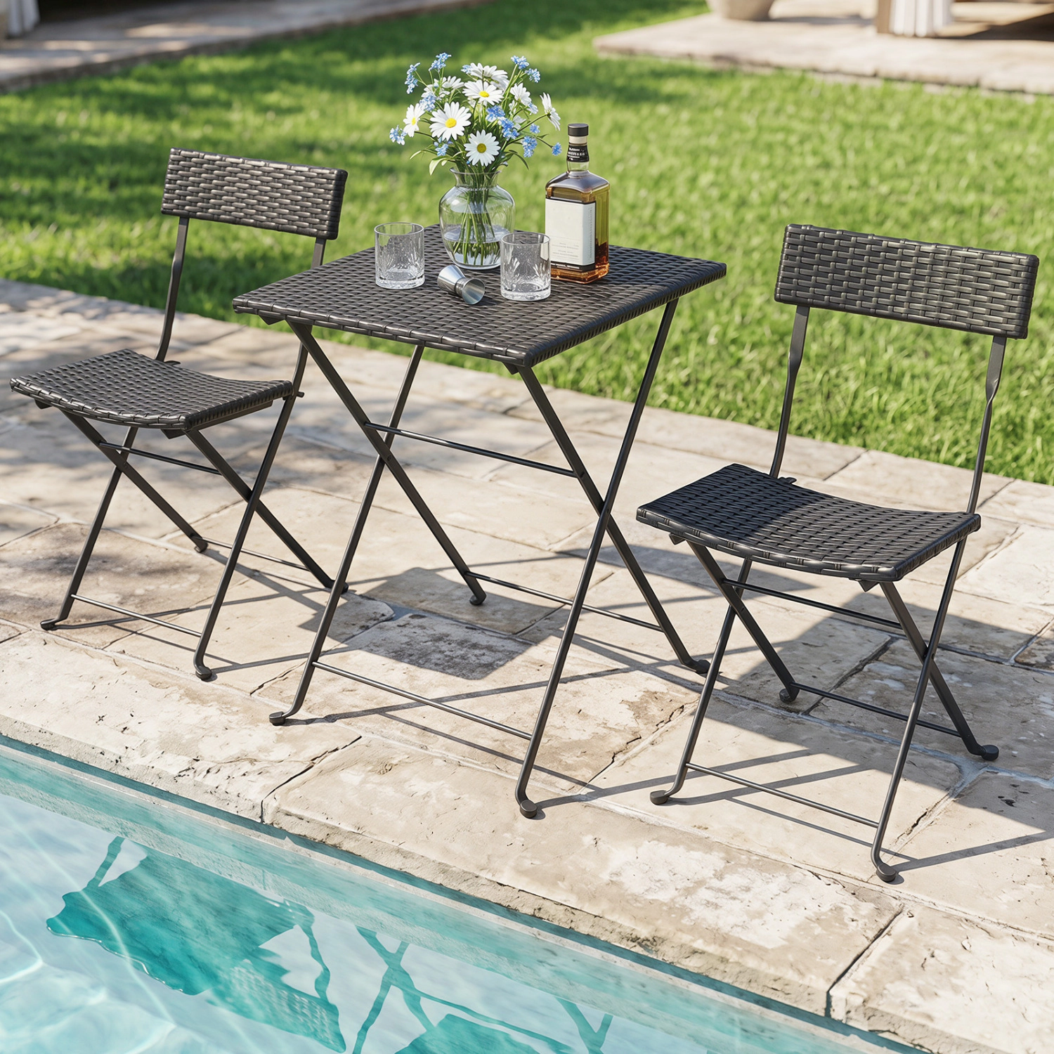 LJG 3-Piece Folding Bistro Set with PE Wicker and x-Shaped Metal Frame