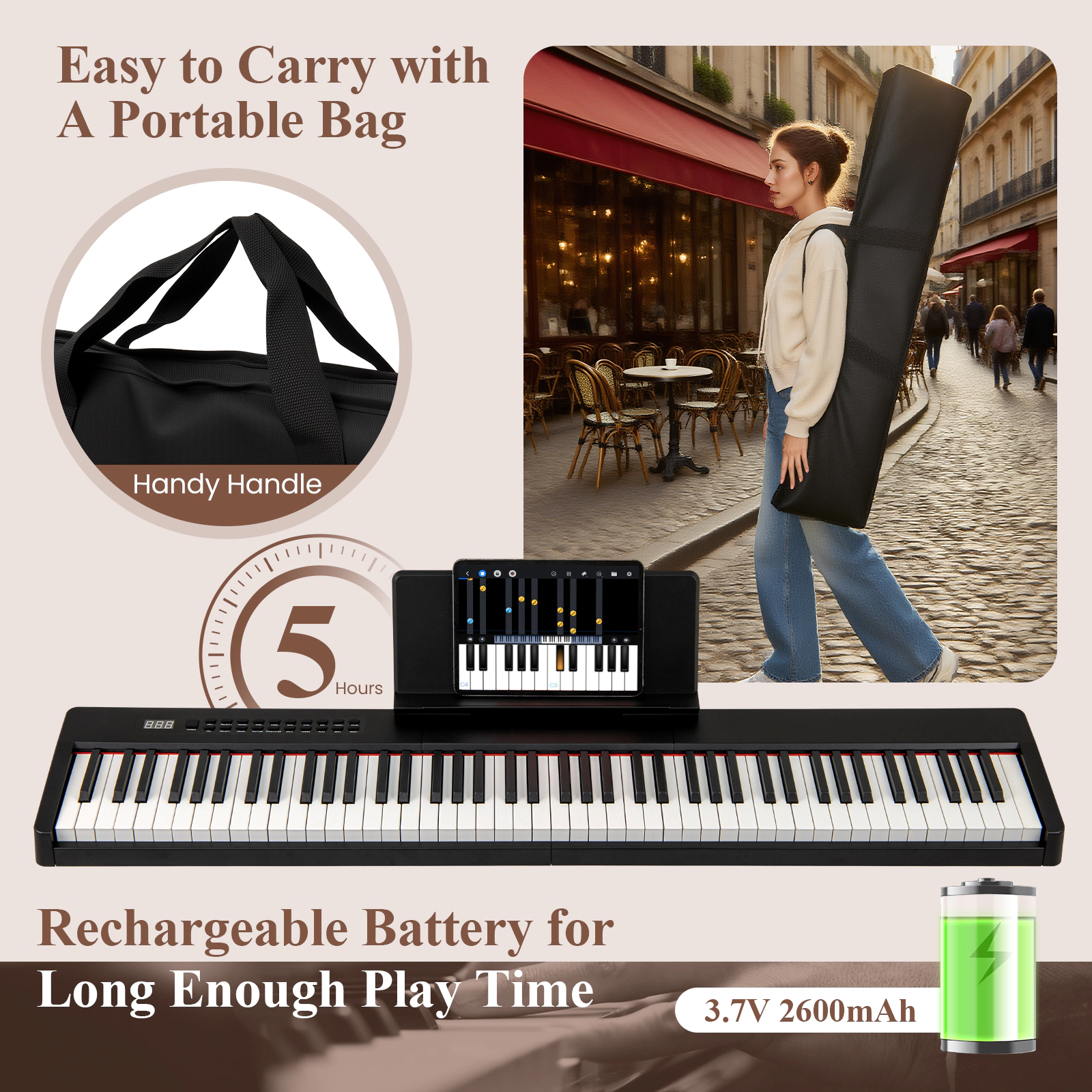 SUGIFT Black 88-Key Velocity-Sensitive Piano Keyboard with 2600mAh Rechargeable Battery and Dual Speakers