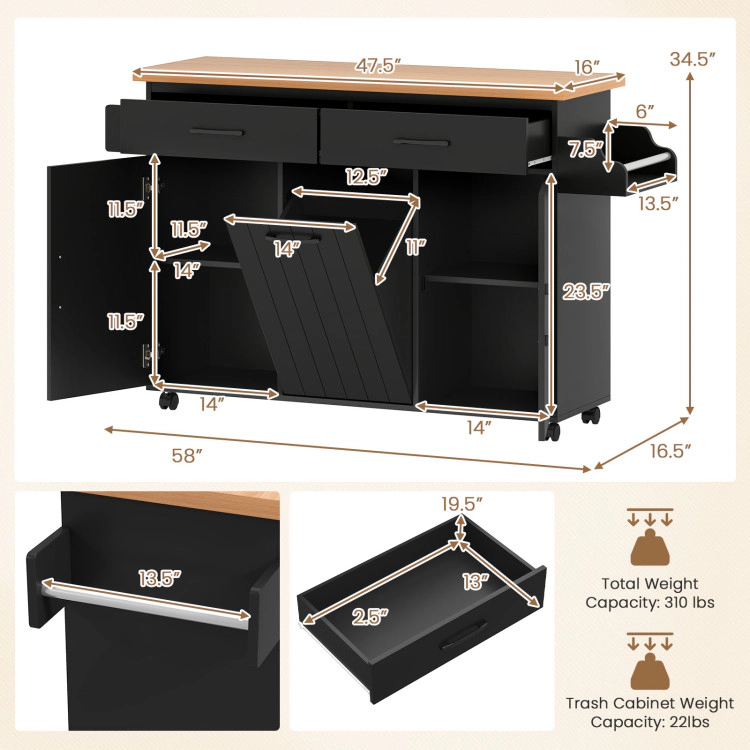 Hivvago Mobile Kitchen Island Table with Trash Bag Storage for Dining Room