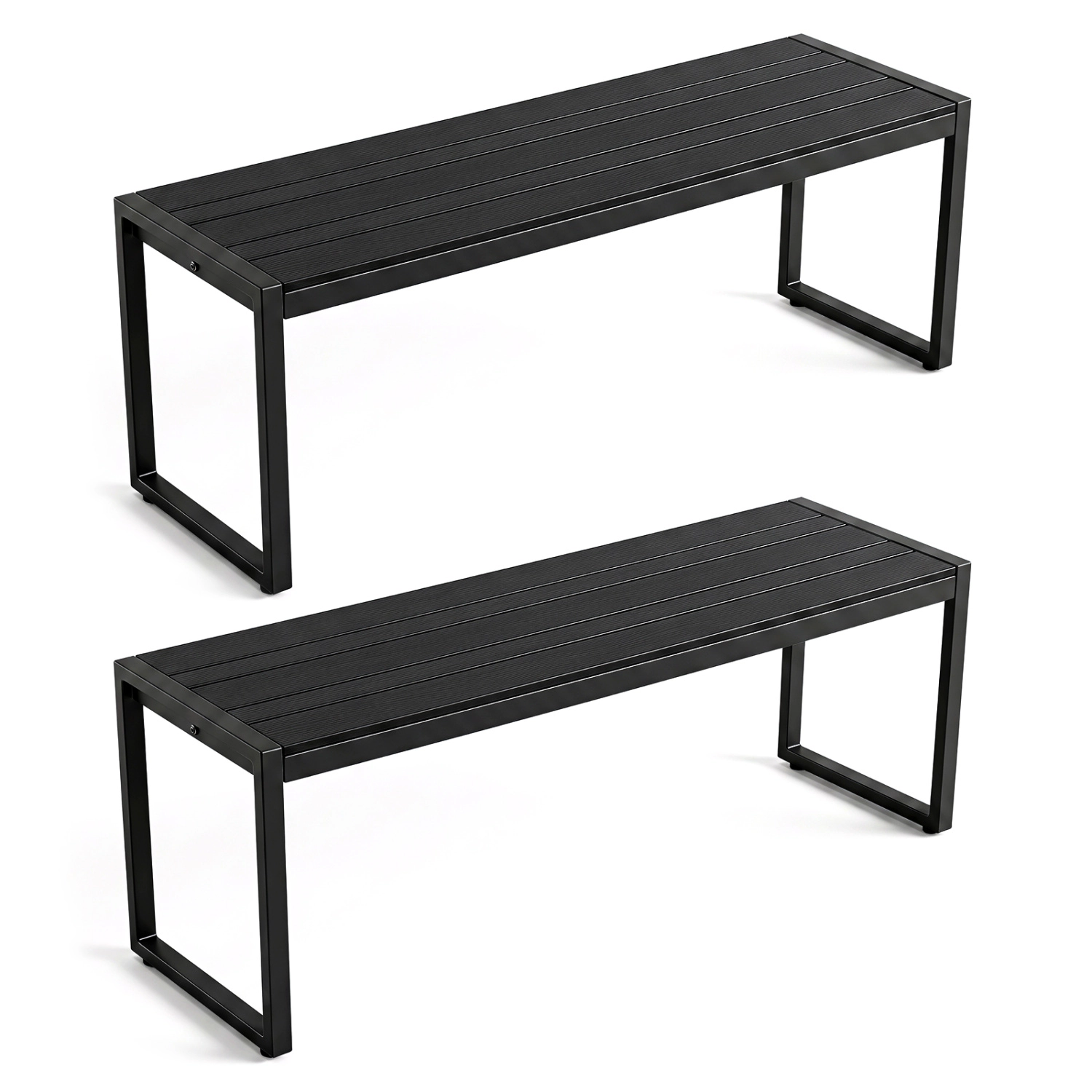 LJG 48" Outdoor Bench Set of 2 with Wood-Plastic Composite and Metal Frame Slatted Sea