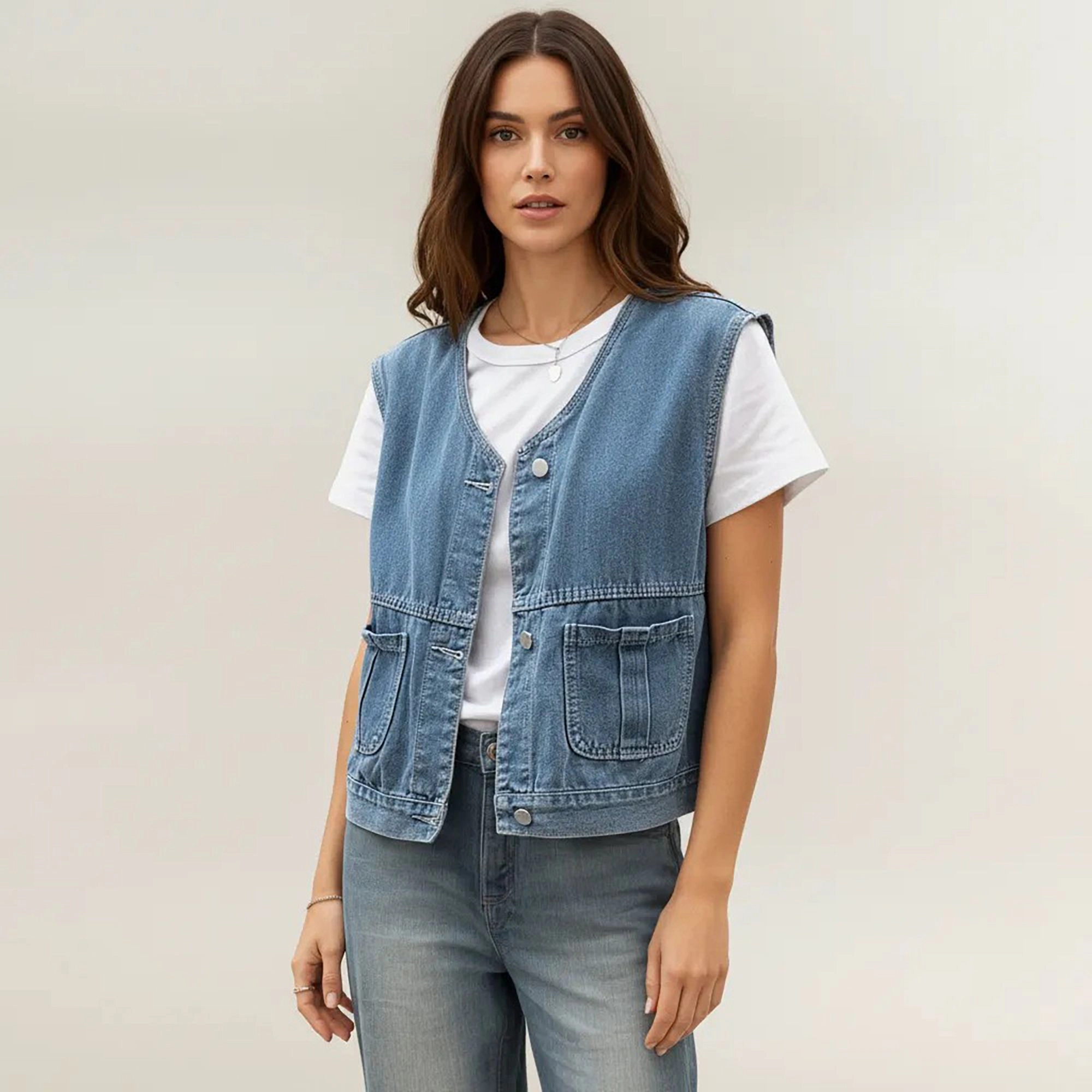 Anna-Kaci Women's Sleeveless Denim Vest with Button Front Closure Patch Pockets and Structured Fit
