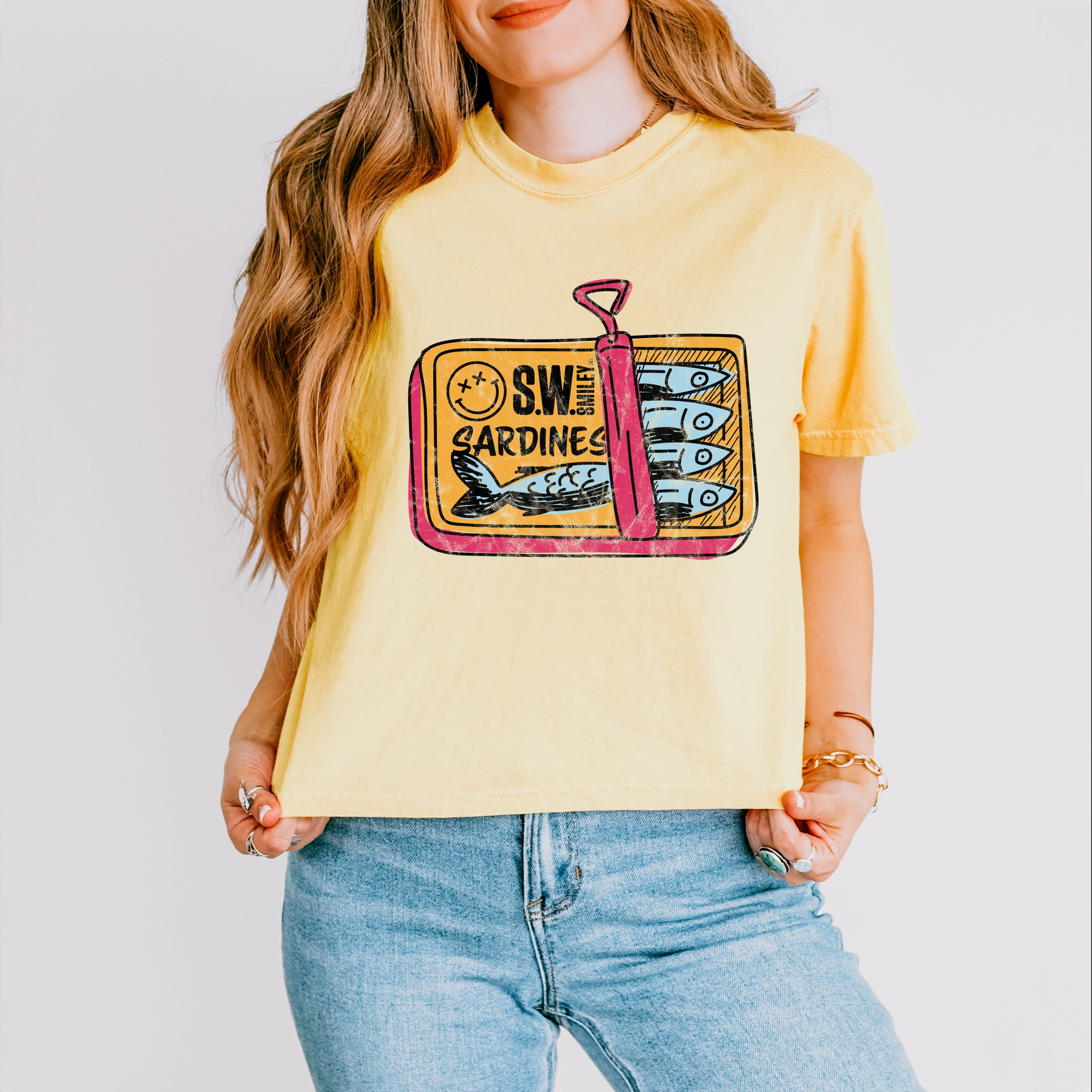 Simply Sage Market - Women's Boxy Crop Top Graphic T-Shirt S.W.Smiley Sardine Tin