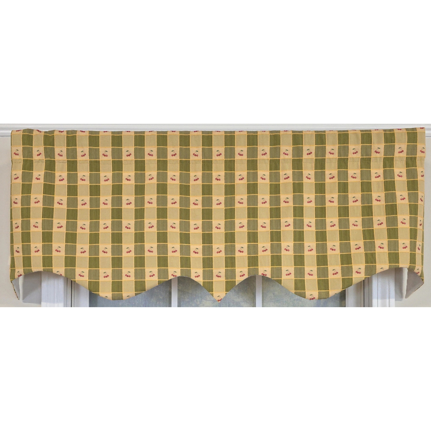 RLF Home 100% Cotton Cherry Squares Regal With Poly/Cotton lining Rod Pocket Valance 50" x 15" Green